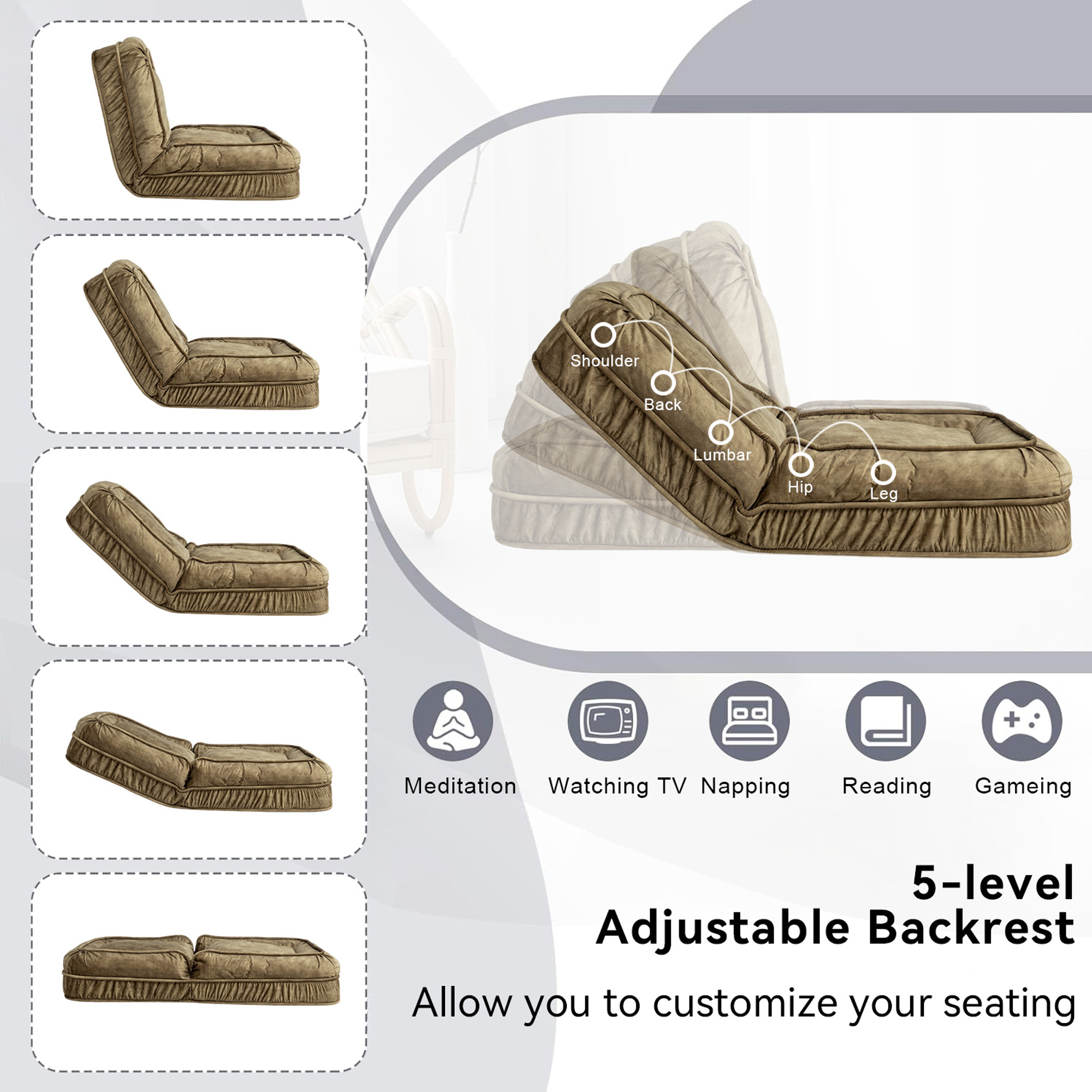 Upholstered Human Dog Bed for Adult & Pets,with 5 Adjustable Position &Massage Pillow, Bean Bag floor sofa with 2 Soft Pillows image 17