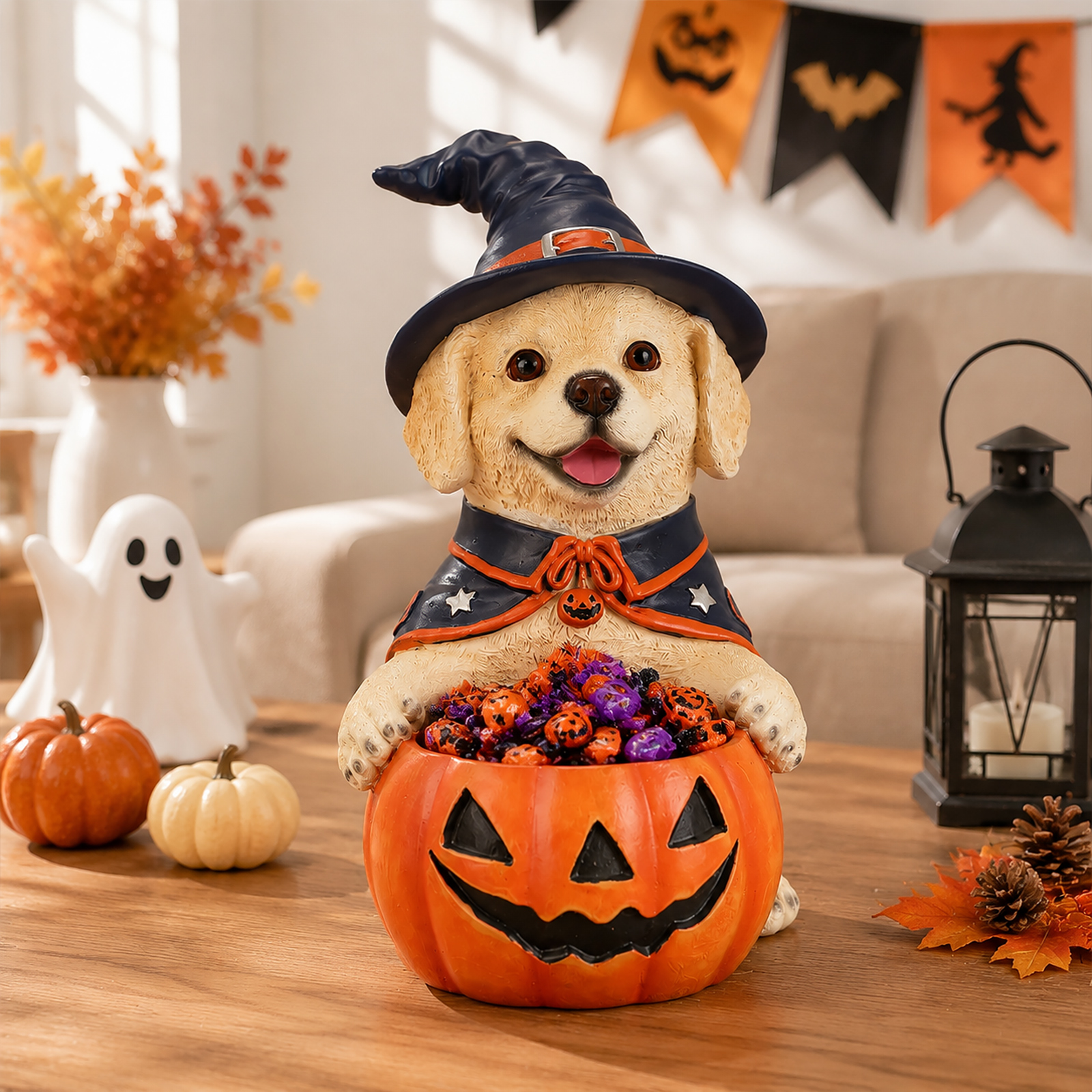 Halloween Labrador Retriever Witch Puppy Figurine, Cute Dog Holding Pumpkin Candy Bowl Decoration image 3