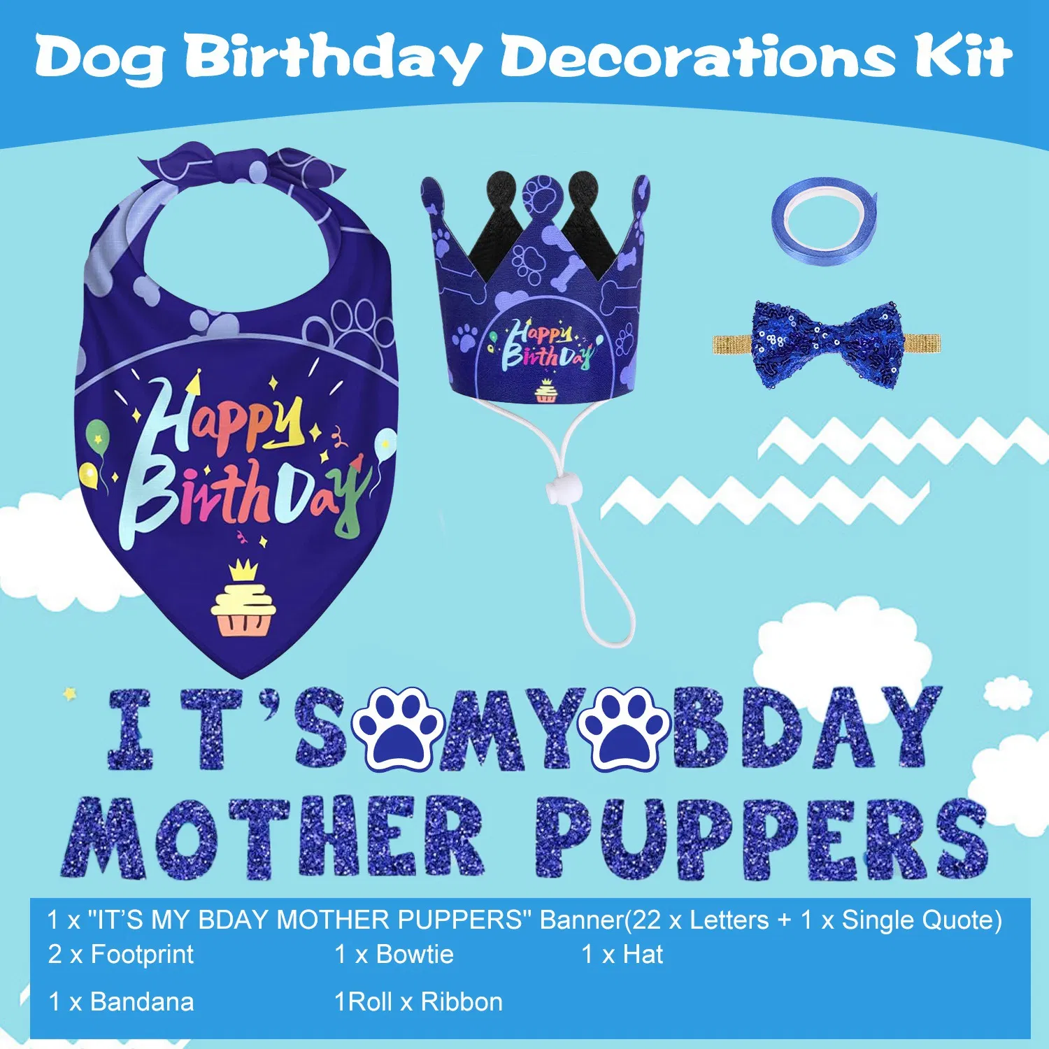 Dog Birthday Party Supplies, Boy Dog Birthday Bandana Set with Cute Dog Bowtie, Scarf, Birthday Banner  Balloons and Hat with Numbers for Medium and Extra Large Dogs Pets(Blue) image 4