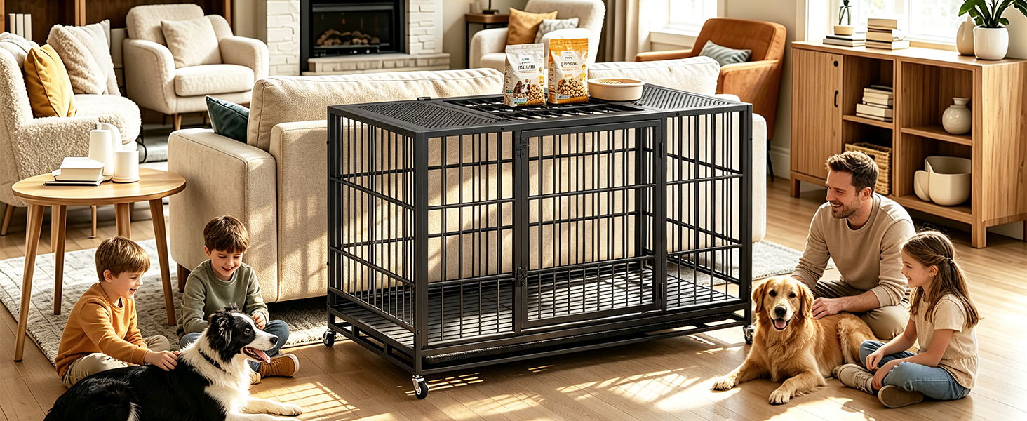 Heavy Duty Dog Crate , Mobile Pet Kennel with Lockable Wheels & Rotary Twist-Latch, Indoor Outdoor Metal Cage with Perforated Top image 9