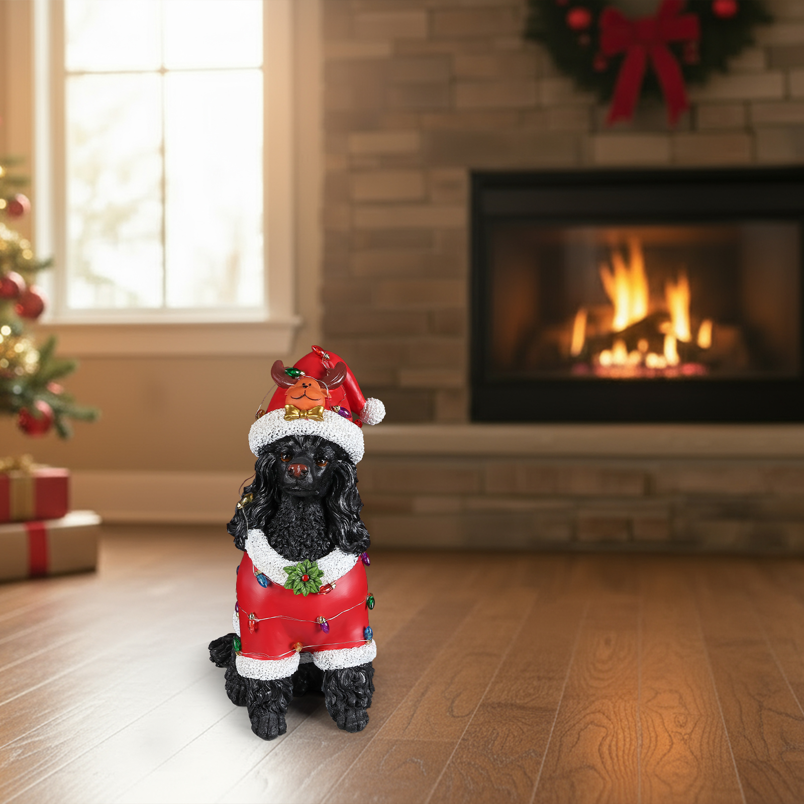 Christmas Black Poodle Statue, Holiday Dog Figurine in Red Santa Outfit image 3
