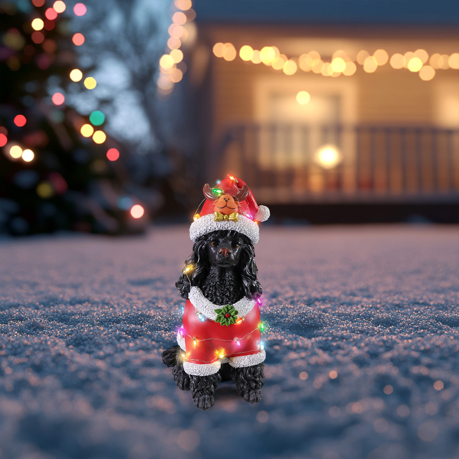 Christmas Black Poodle Statue, Holiday Dog Figurine in Red Santa Outfit image 15