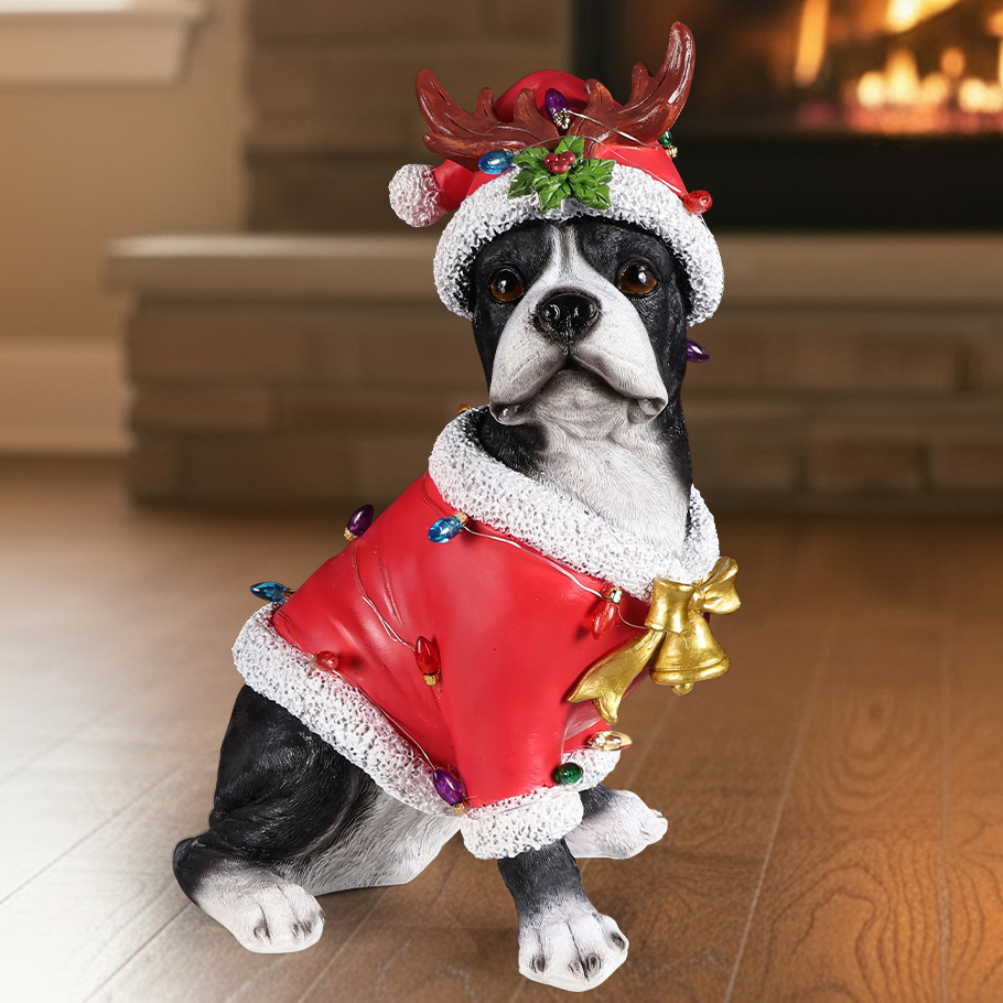 Christmas Boston Terrier Statue, Holiday Dog Figurine in Santa Outfit image 14