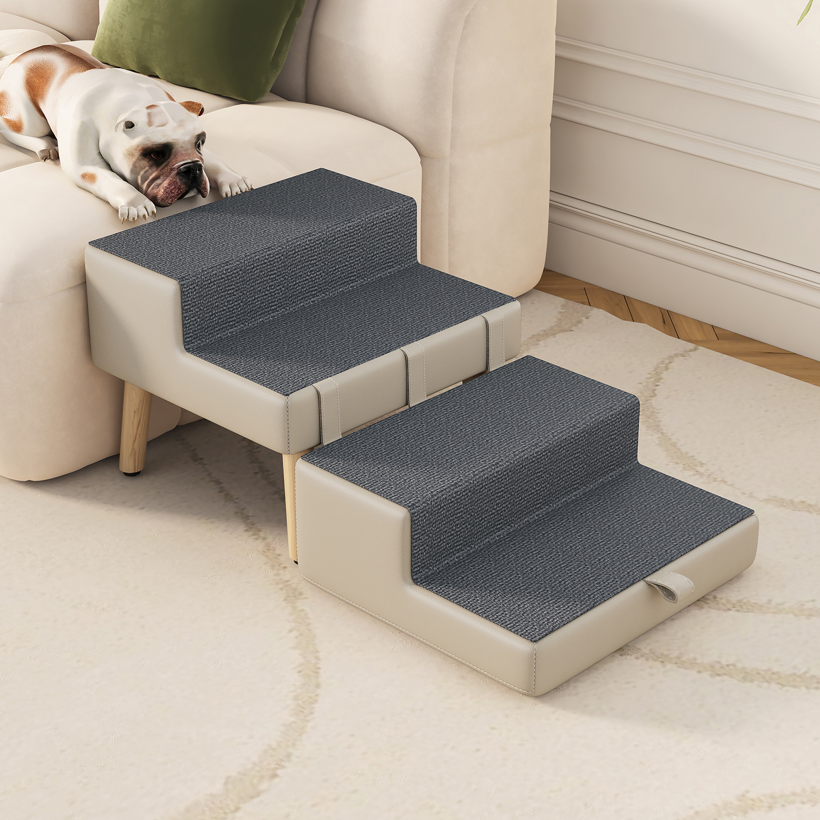 4-Step Ottoman Dog Stairs, 2-in-1 Foldable Pet Ramp for Bed,  Dog Ramp for Small Puppy and Cats, Sturdy Wood Frame Support with Non-slip walking surface, Holds Up To 220lbs ( Light Grey Color ) image 11