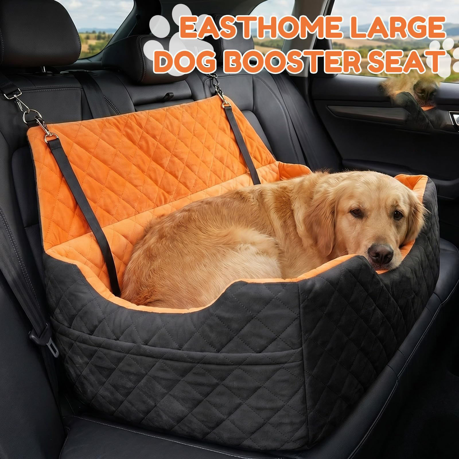 Dog Car Seat For Large Medium Dogs , Memory Foam Dog Booster Seat With Storage Pocket, 2 Safety Leashes,Washable Cover, Portable Anxiety Pet Travel Bed, Black image 5