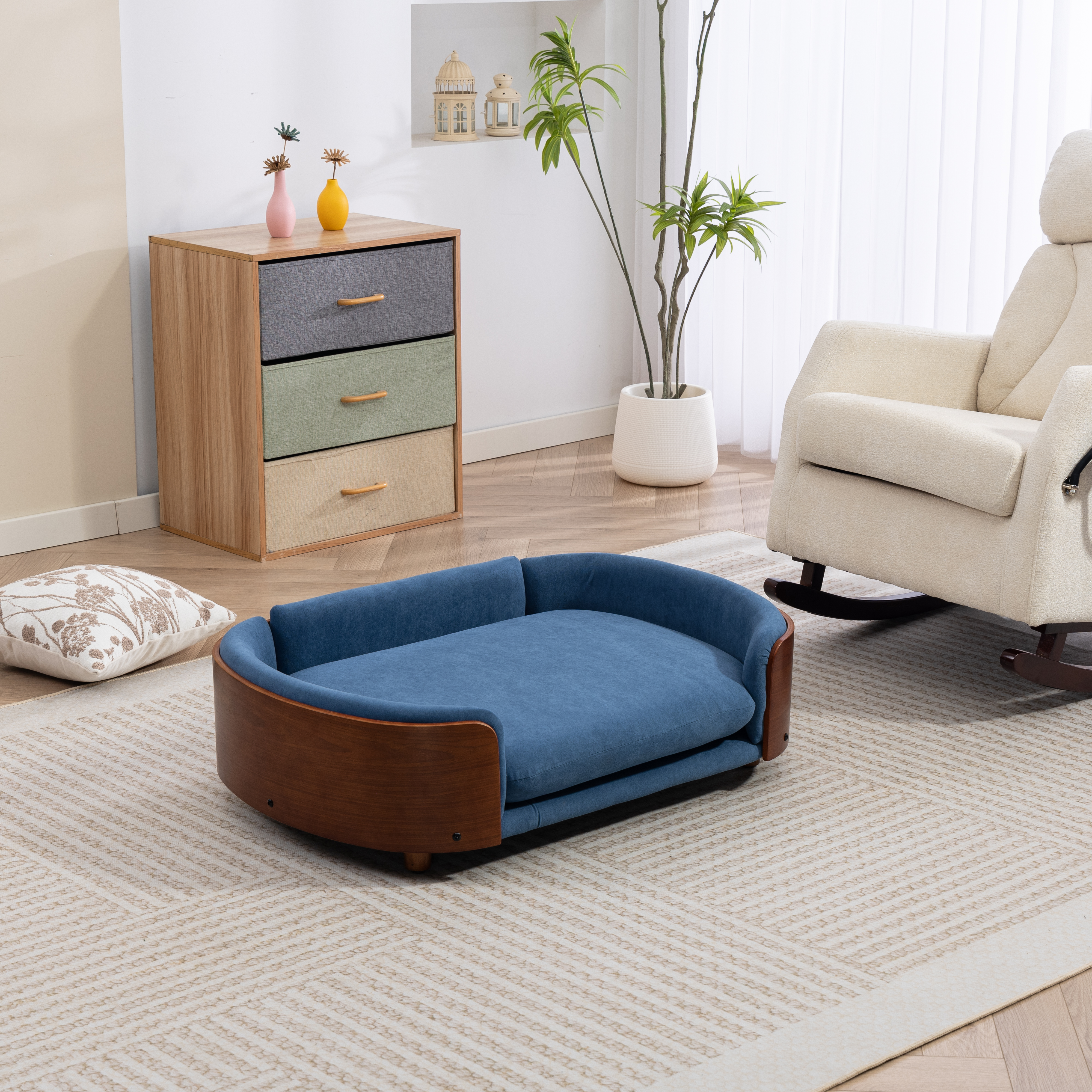 Scandinavian style Elevated Dog Bed Pet Sofa With Solid Wood legs and Walnut Bent Wood Back, Velvet Cushion,Large Size image 21
