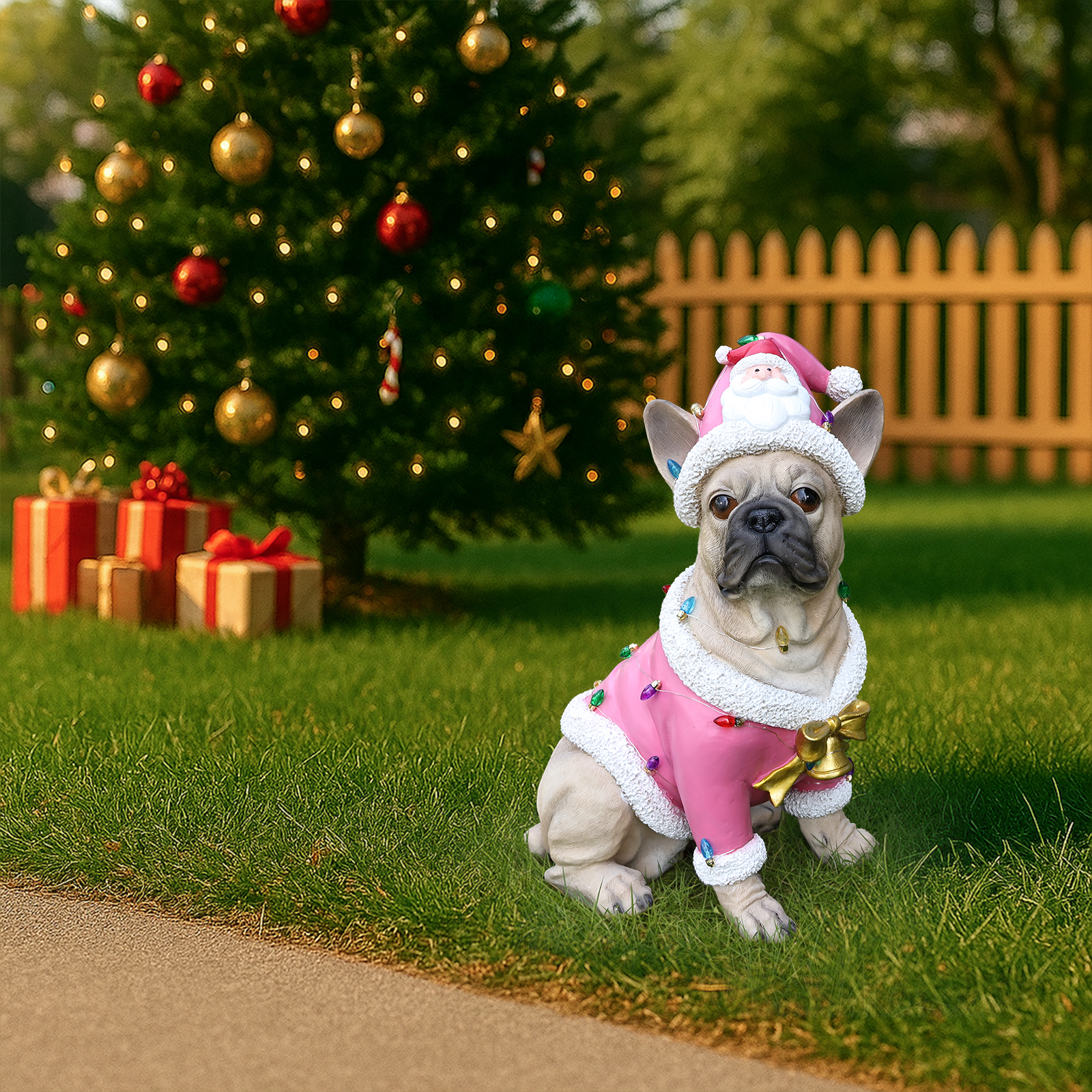 Christmas French Bulldog Statue,  Holiday Dog Figurine in Pink Santa Outfit, Festive Christmas Home Décor image 9