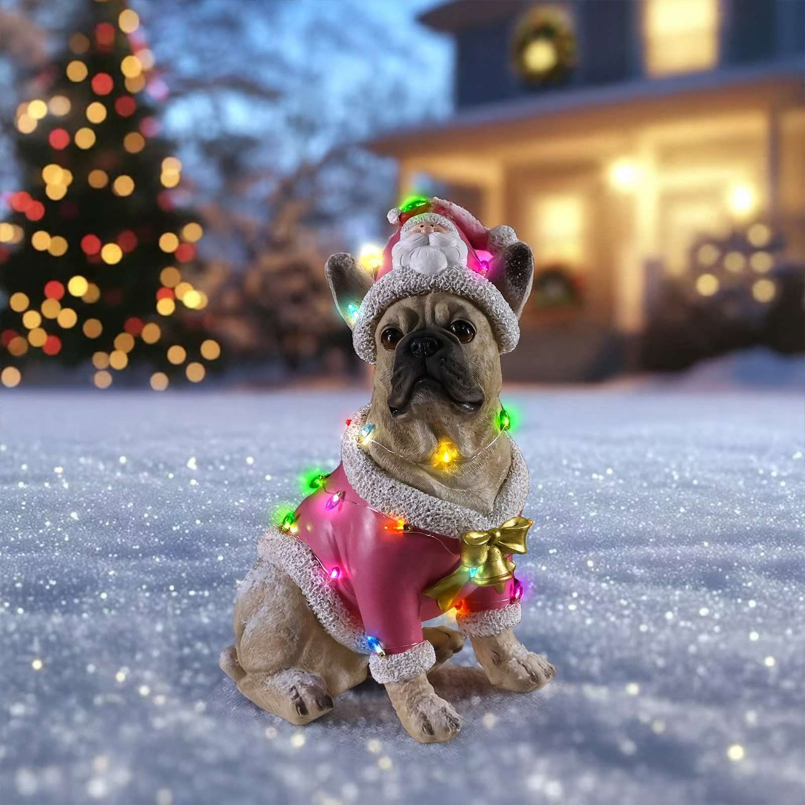 Christmas French Bulldog Statue,  Holiday Dog Figurine in Pink Santa Outfit, Festive Christmas Home Décor image 4