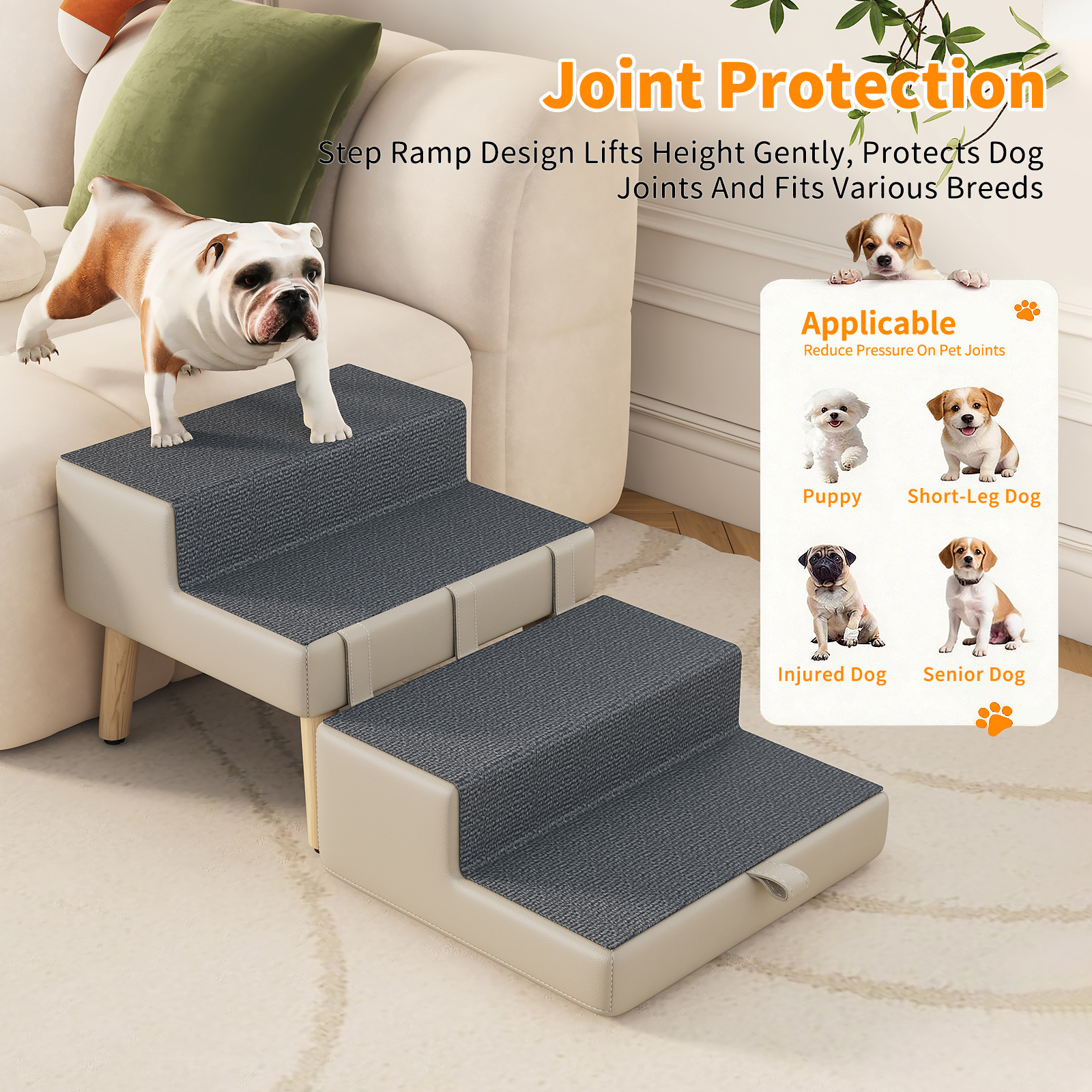 4-Step Ottoman Dog Stairs, 2-in-1 Foldable Pet Ramp for Bed,  Dog Ramp for Small Puppy and Cats, Sturdy Wood Frame Support with Non-slip walking surface, Holds Up To 220lbs ( Light Grey Color ) image 2
