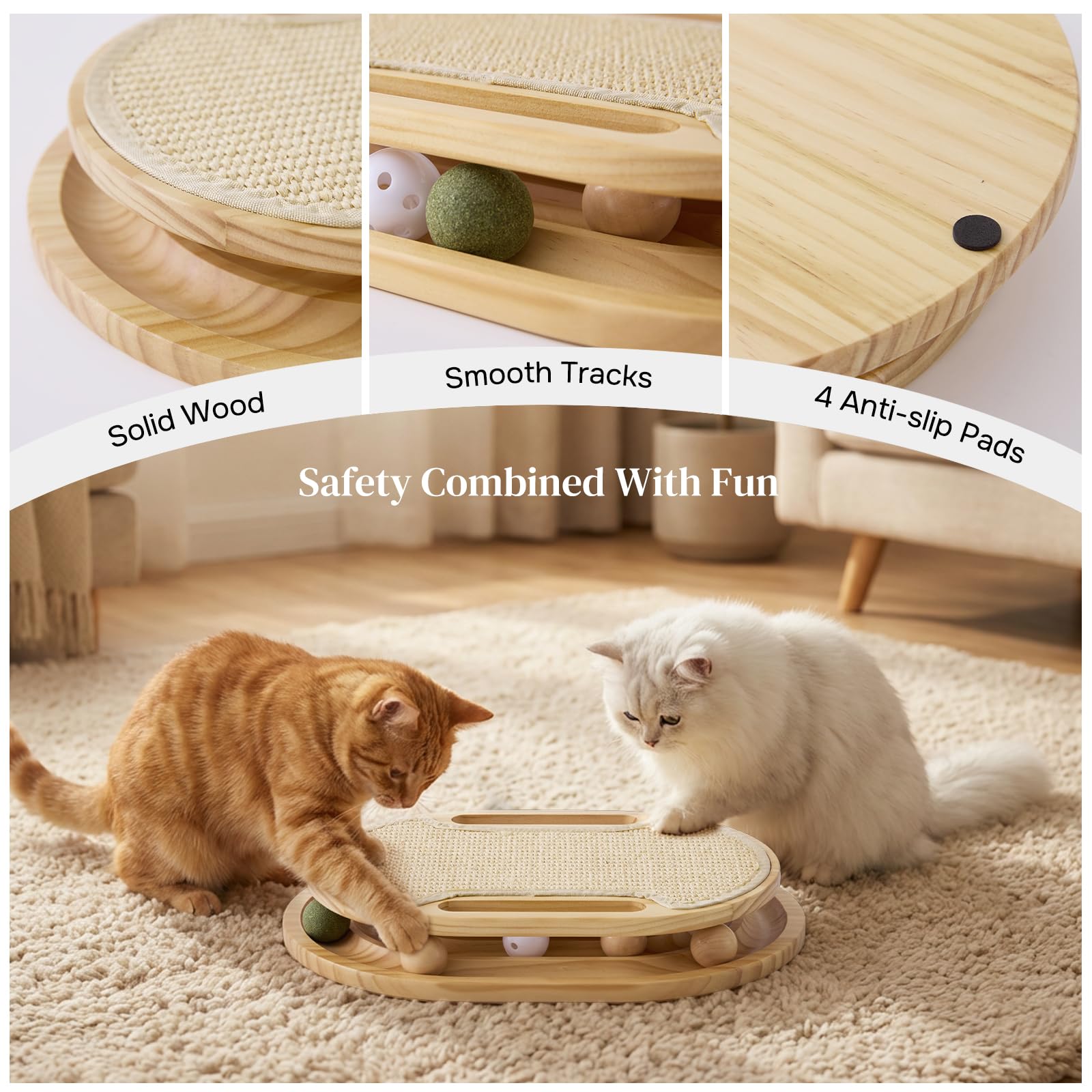 Cat Scratcher With Ball Track Toy, Sisal Scratch Pad For Indoor Use  Wooden Interactive Cat Puzzle Toys For Adult Cats, Kitten Mental Stimulation Self Play Home Enrichment, Spinning Balls image 5