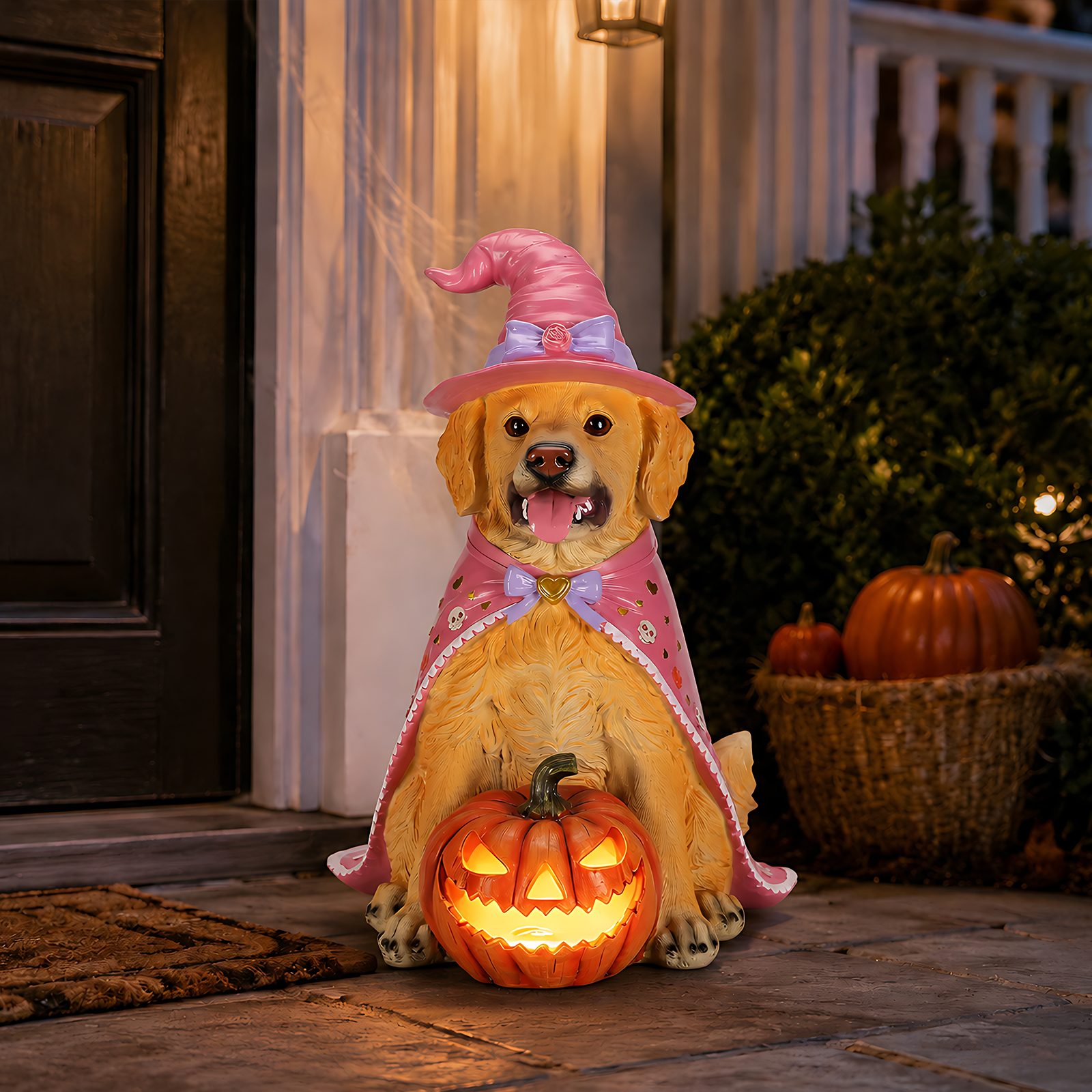 Halloween Golden Retriever Dog Statue, Large Sitting Dog Figurine with Pink Witch Hat & Cape, LED Light Up Jack-O-Lantern Pumpkin image 3