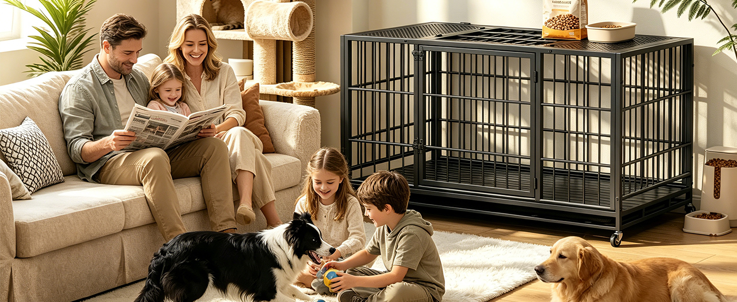 Heavy Duty Dog Crate , Mobile Pet Kennel with Lockable Wheels & Rotary Twist-Latch, Indoor Outdoor Metal Cage with Perforated Top image 5