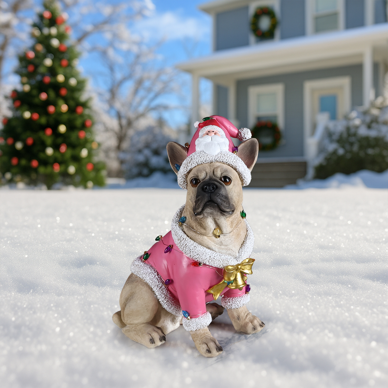 Christmas French Bulldog Statue,  Holiday Dog Figurine in Pink Santa Outfit, Festive Christmas Home Décor image 24