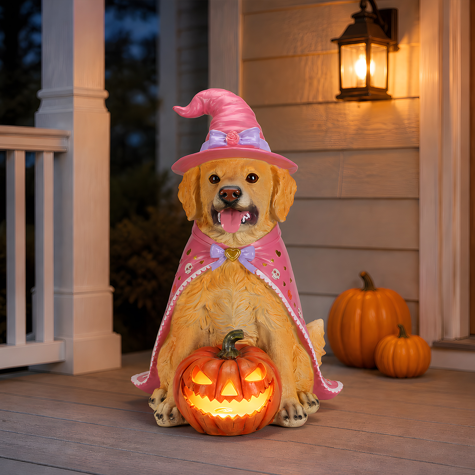 Halloween Golden Retriever Dog Statue, Large Sitting Dog Figurine with Pink Witch Hat & Cape, LED Light Up Jack-O-Lantern Pumpkin image 2