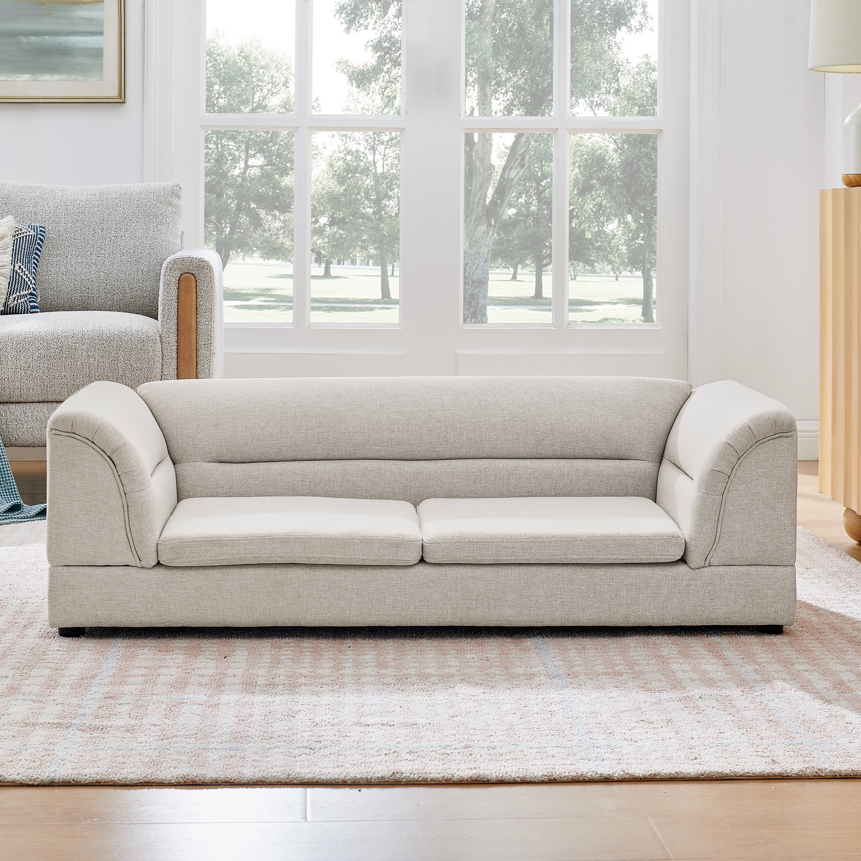 Oversized Pet Sofa, Curved Armrest Rectangular Dog Sofa, Linen Fabric Comfort Pet Couch for Large & Oversized Dogs-Beige image 14