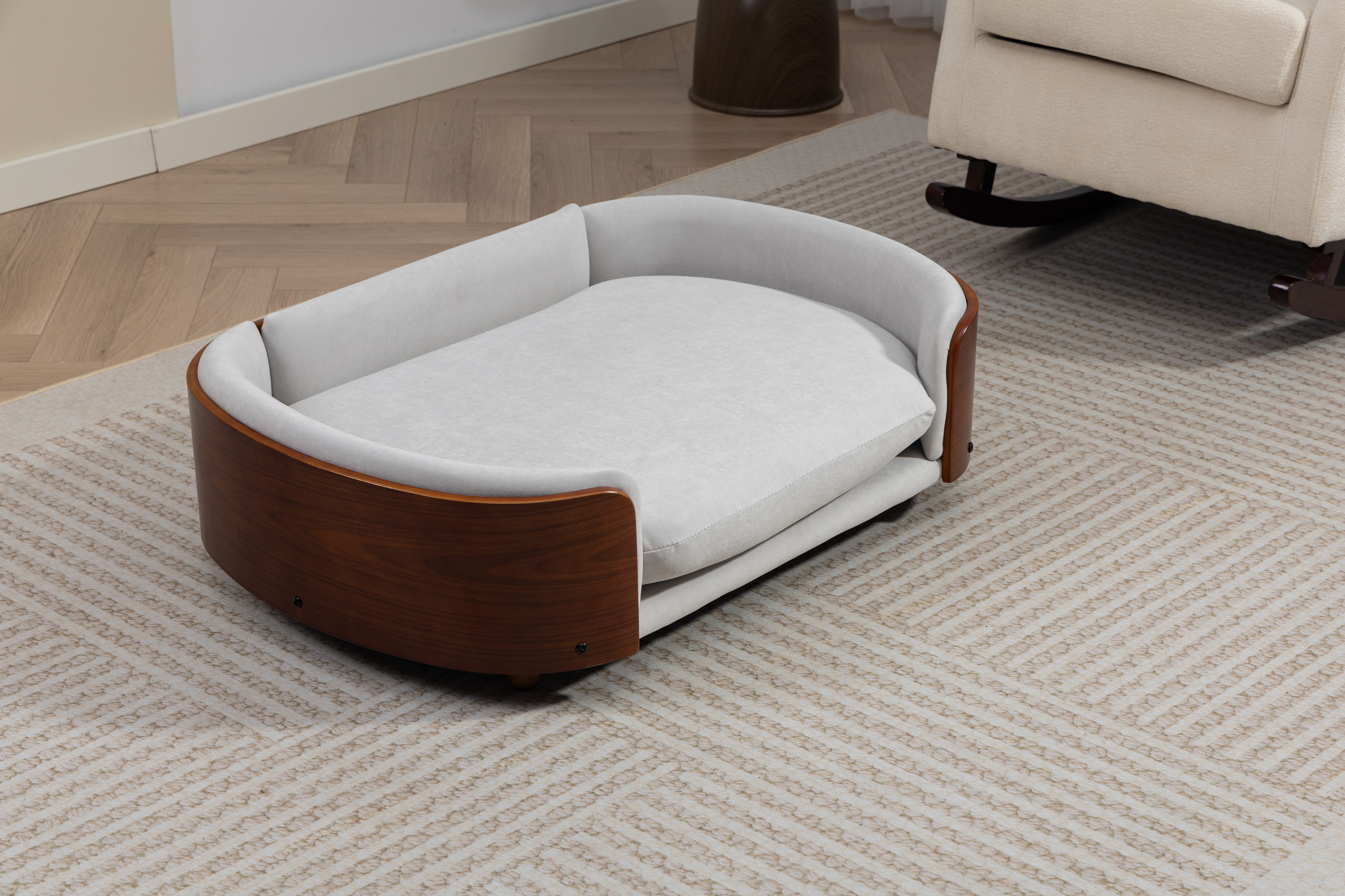 Scandinavian style Elevated Dog Bed Pet Sofa With Solid Wood legs and Walnut Bent Wood Back, Velvet Light Gray,Large Size image 11