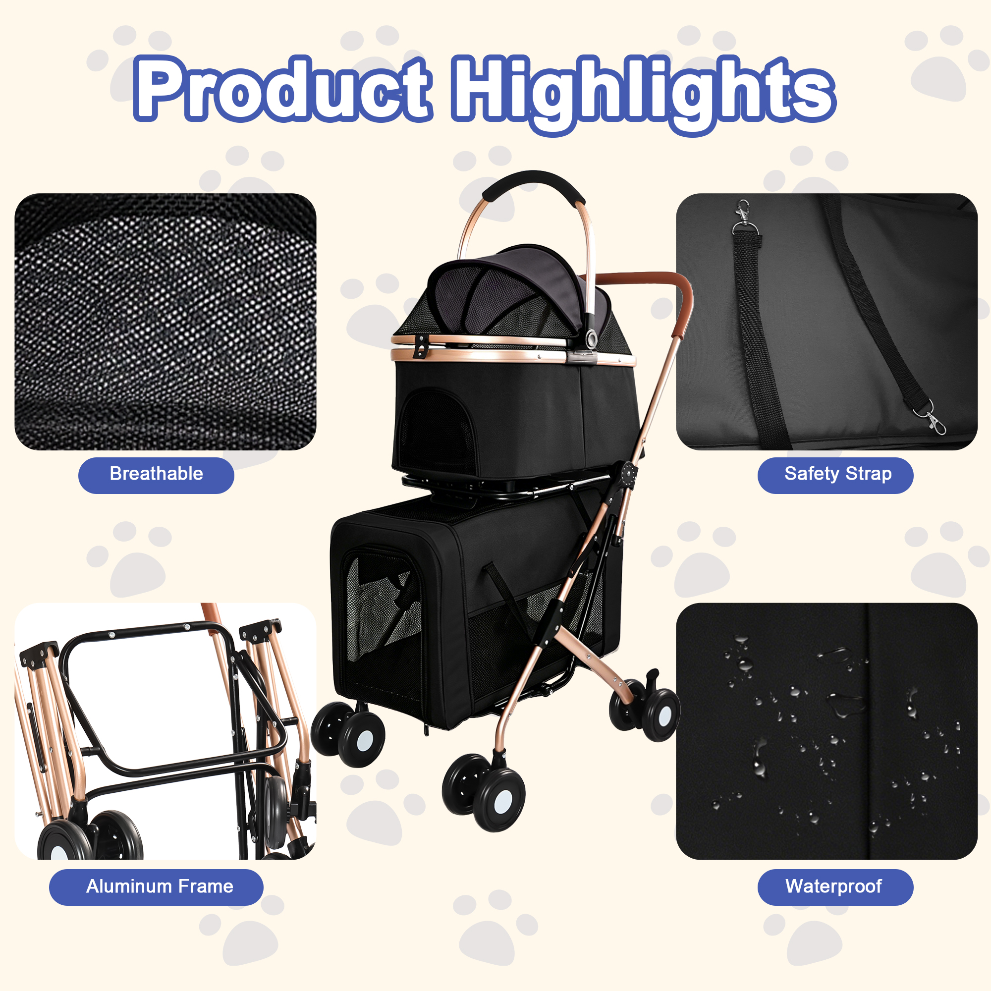 3-in-1 Double Pet Stroller For Small Medium Dogs Cats, Foldable Frame Convertible Pet Carrier Tote, Shockproof Wheels With Brake System, Dual Fixed Safety Leashes For Multi-Pet Households image 15