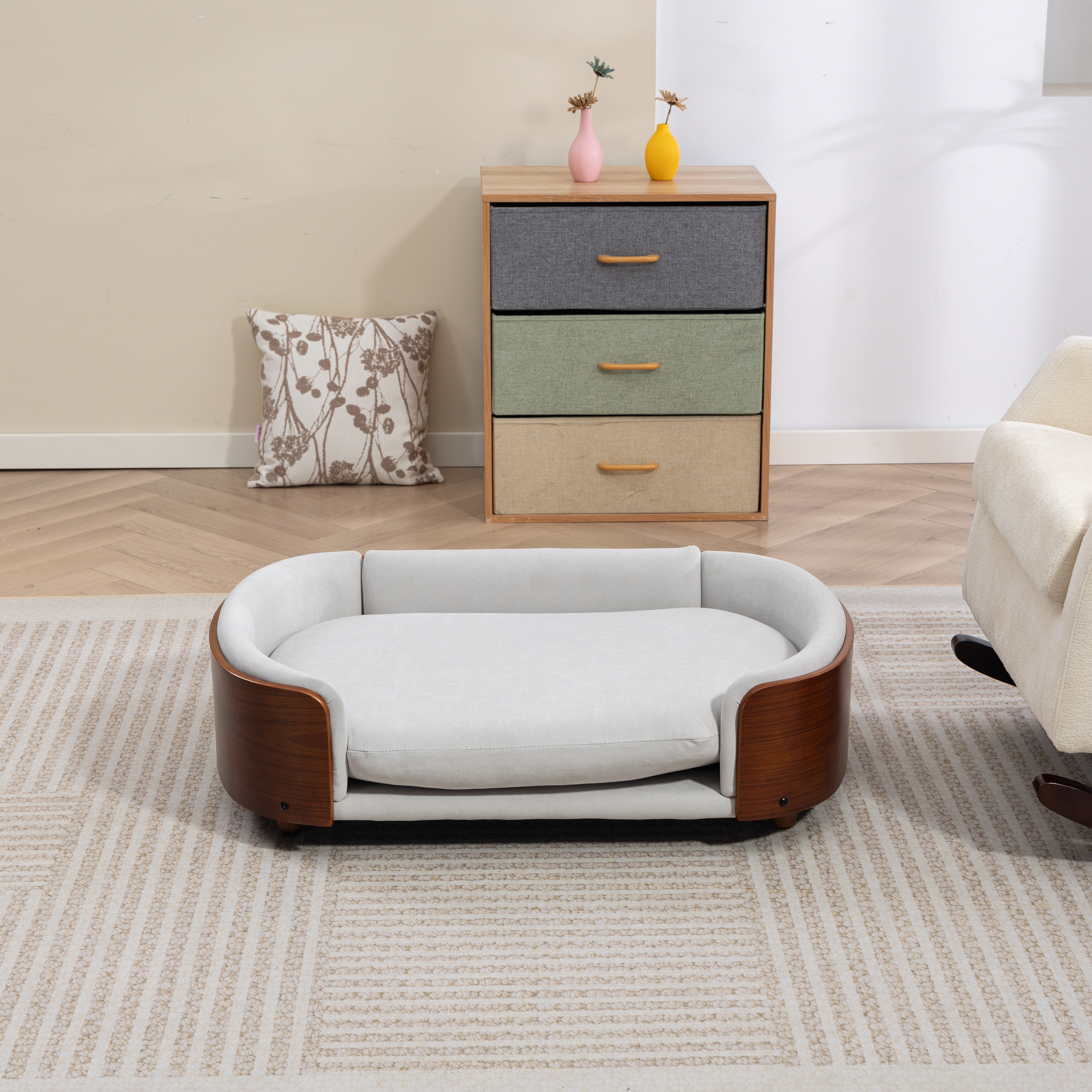 Scandinavian style Elevated Dog Bed Pet Sofa With Solid Wood legs and Walnut Bent Wood Back, Velvet Light Gray,Large Size image 9