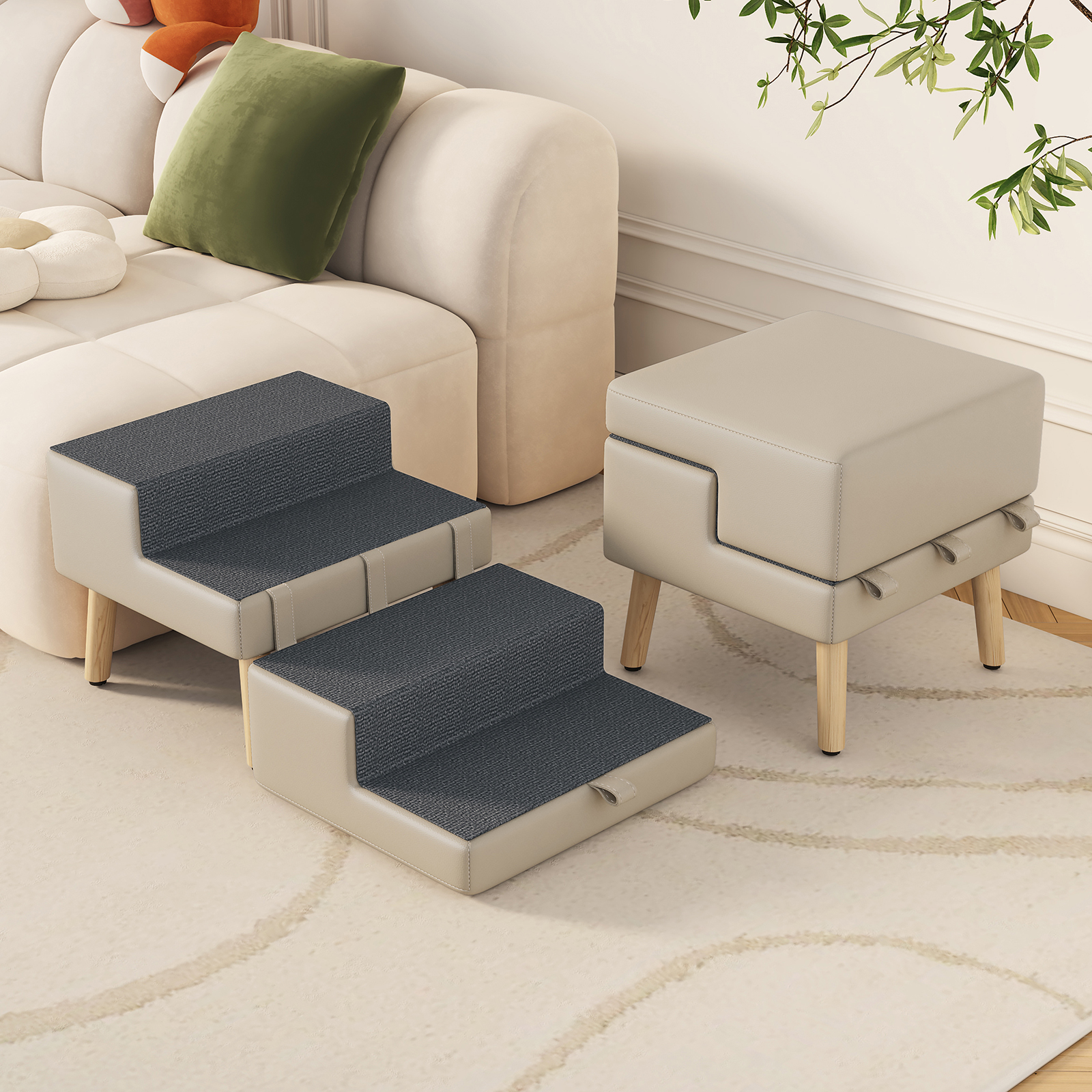 4-Step Ottoman Dog Stairs, 2-in-1 Foldable Pet Ramp for Bed,  Dog Ramp for Small Puppy and Cats, Sturdy Wood Frame Support with Non-slip walking surface, Holds Up To 220lbs ( Light Grey Color ) image 10