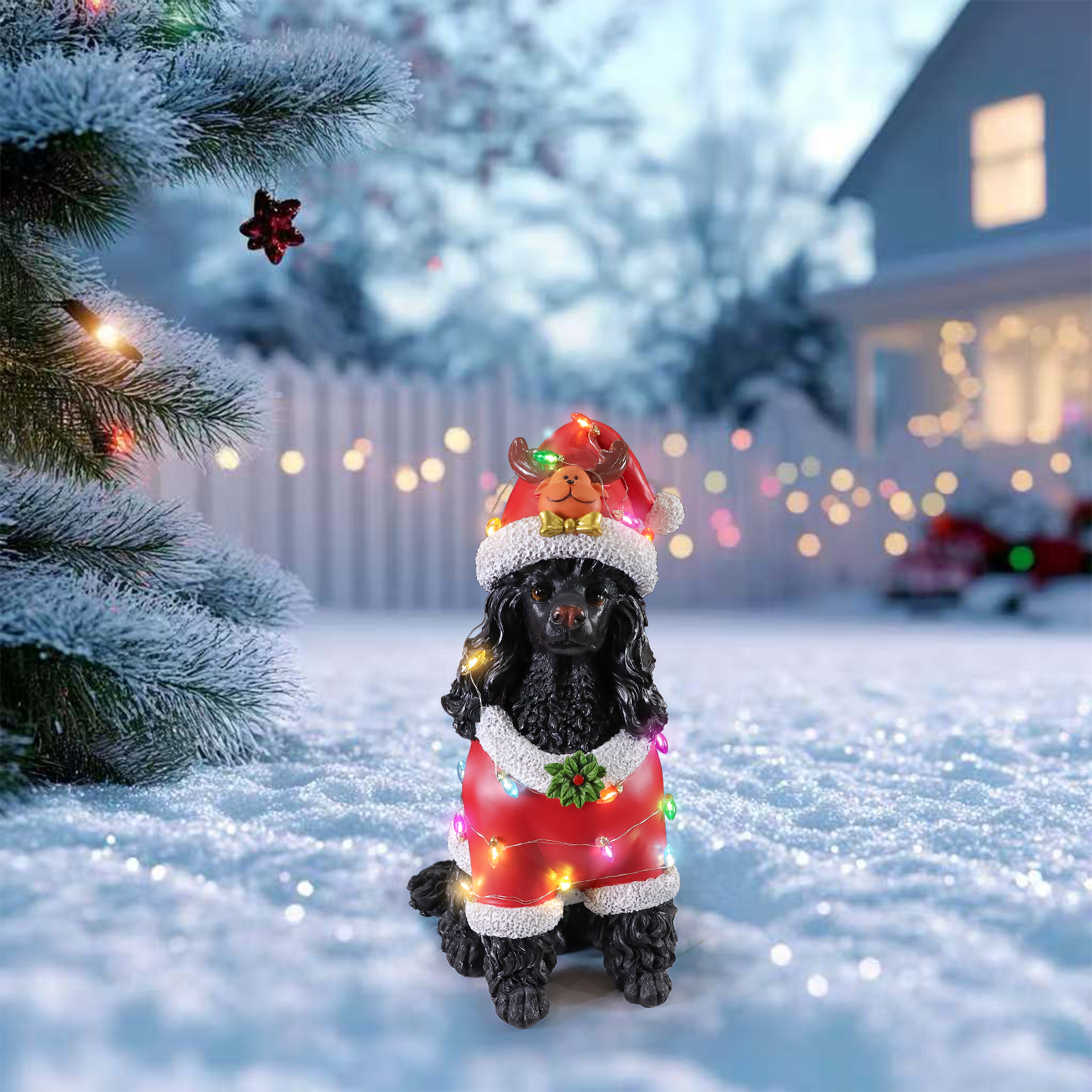 Christmas Black Poodle Statue, Holiday Dog Figurine in Red Santa Outfit image 17