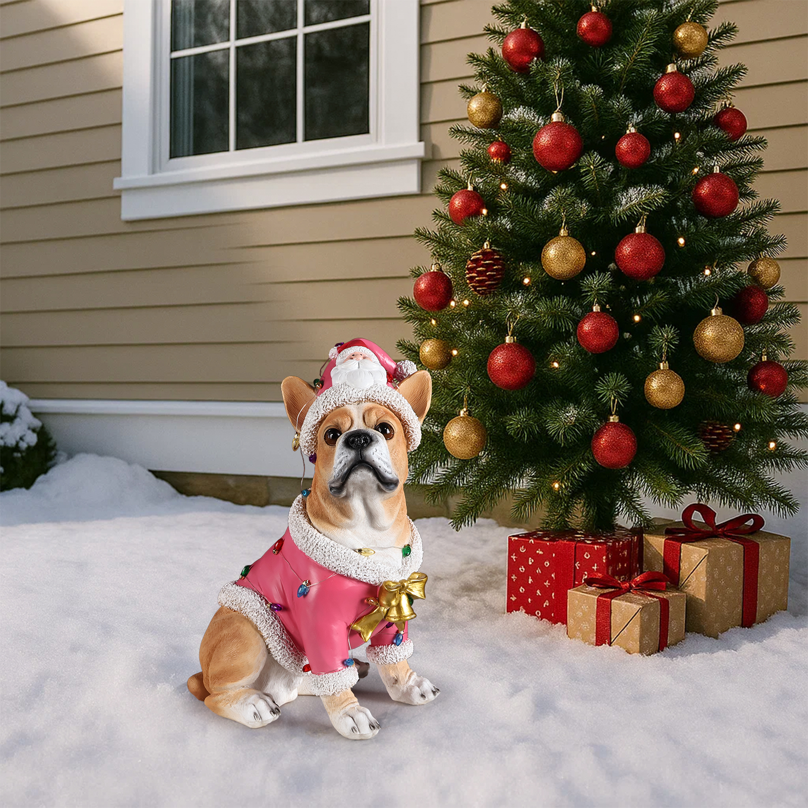 Christmas French Bulldog Statue,Holiday Dog Figurine in Pink Santa Outfit image 23