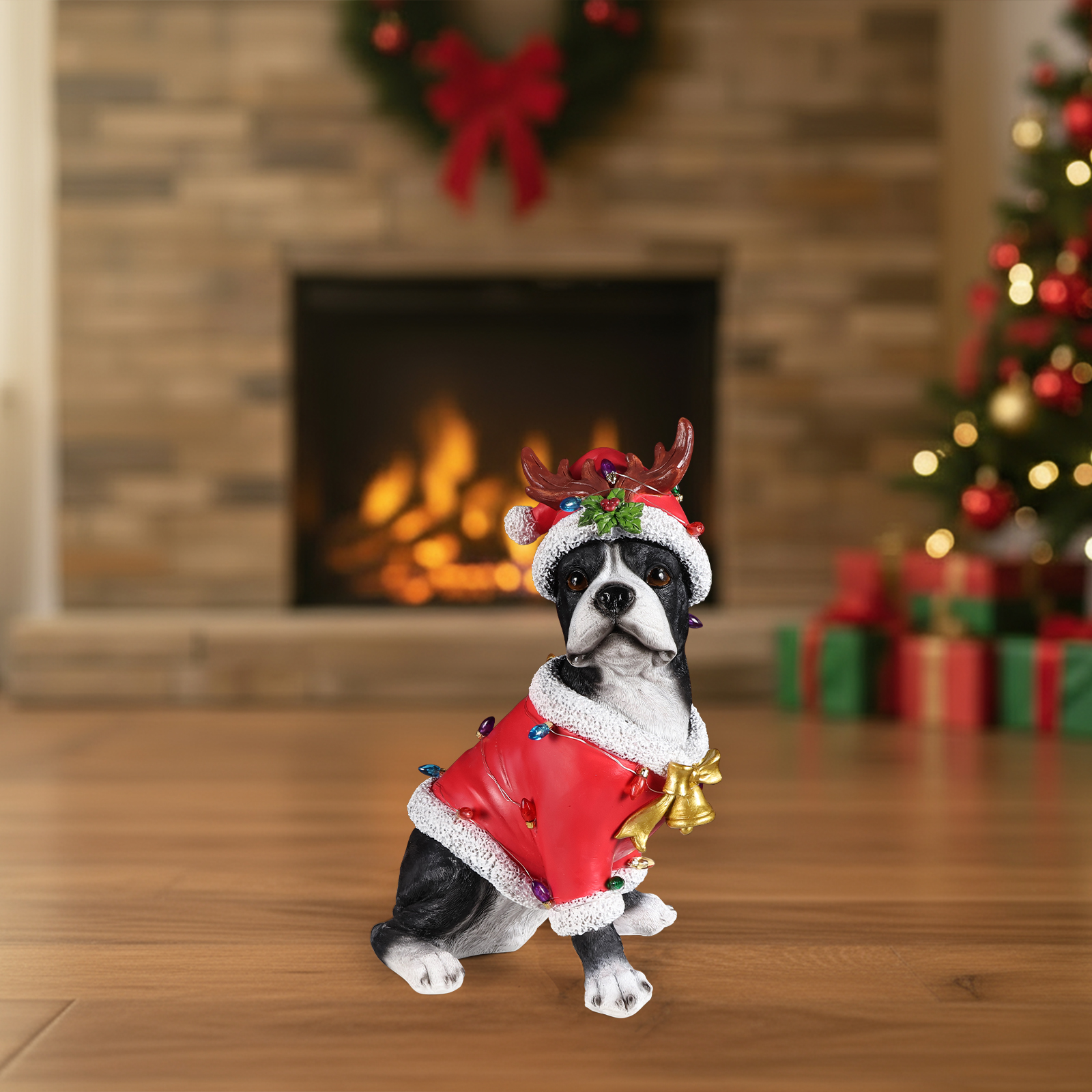 Christmas Boston Terrier Statue, Holiday Dog Figurine in Santa Outfit image 7