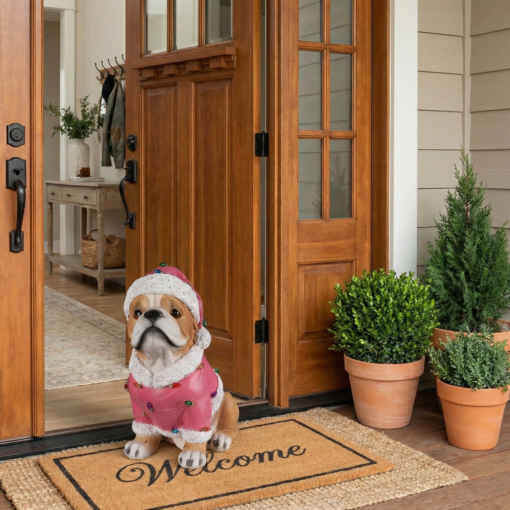 Christmas Pug Statue, Holiday Dog Figurine in Pink Santa Outfit image 14