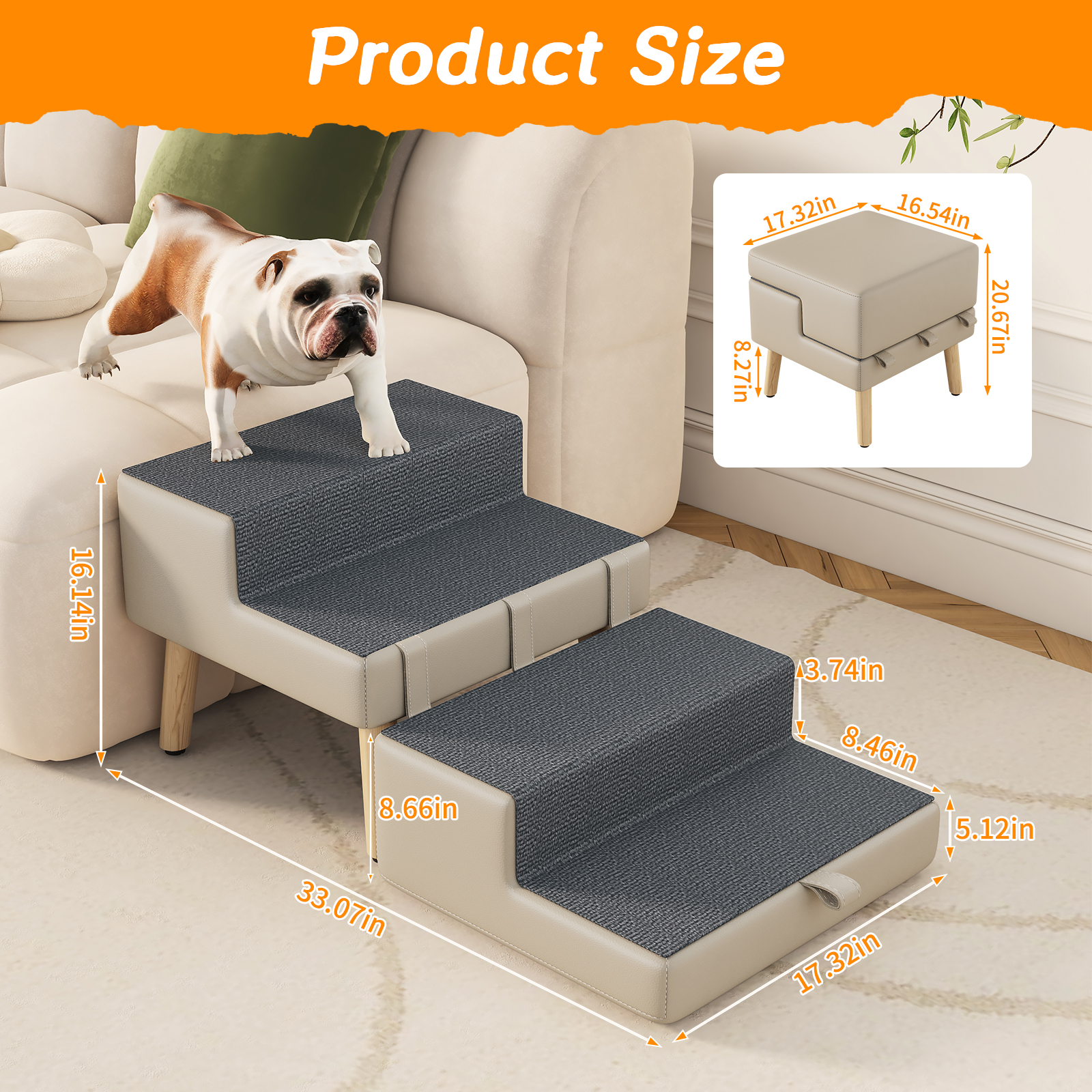4-Step Ottoman Dog Stairs, 2-in-1 Foldable Pet Ramp for Bed,  Dog Ramp for Small Puppy and Cats, Sturdy Wood Frame Support with Non-slip walking surface, Holds Up To 220lbs ( Light Grey Color ) image 9
