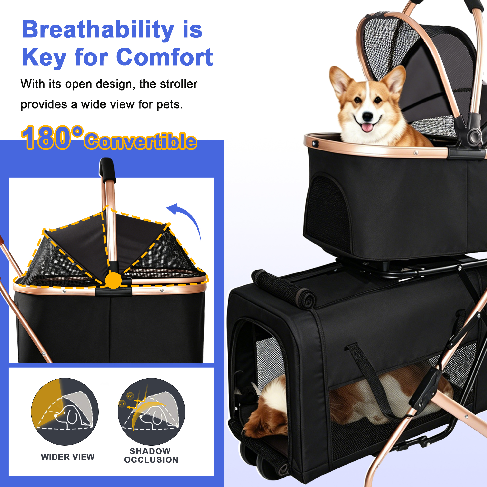 3-in-1 Double Pet Stroller For Small Medium Dogs Cats, Foldable Frame Convertible Pet Carrier Tote, Shockproof Wheels With Brake System, Dual Fixed Safety Leashes For Multi-Pet Households image 8