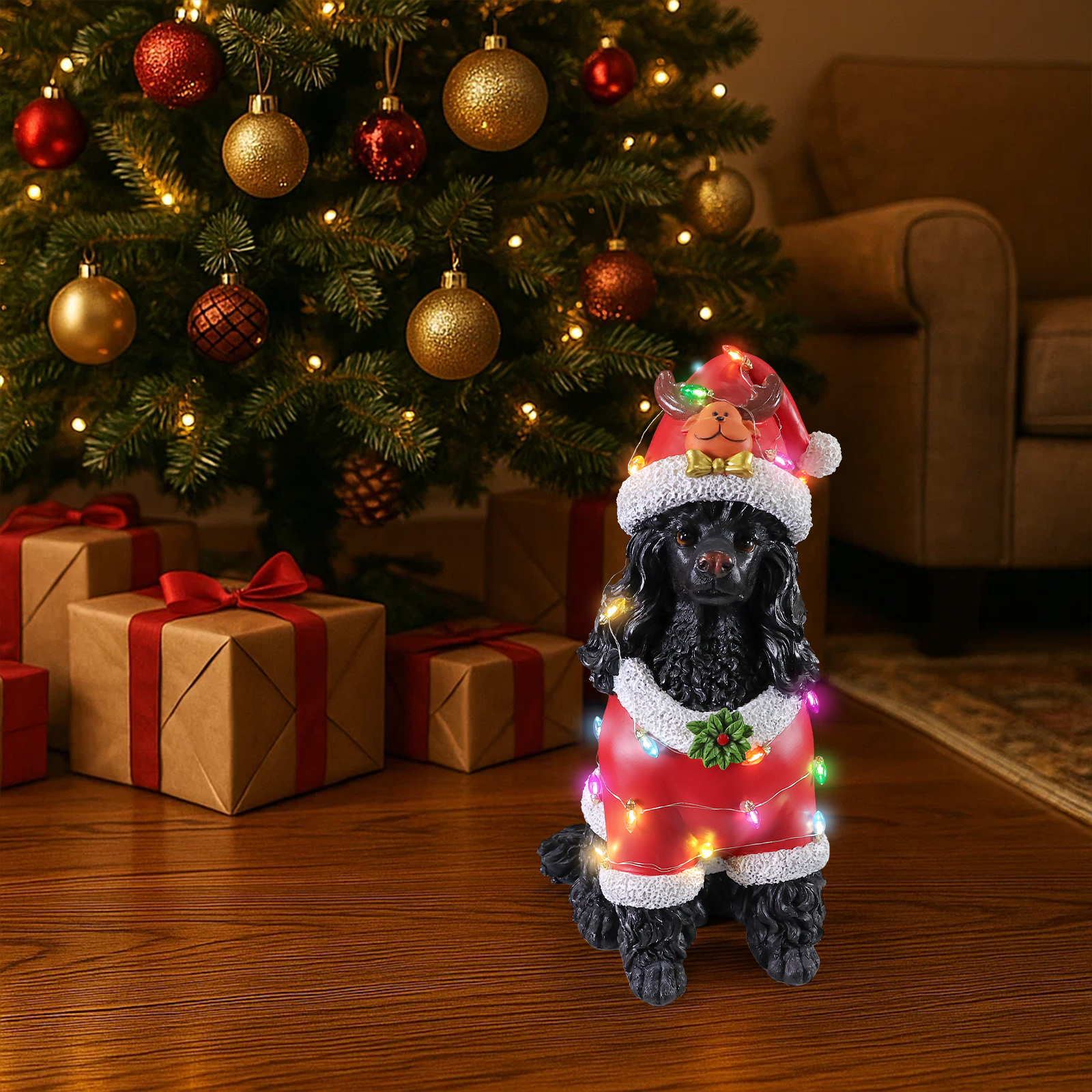 Christmas Black Poodle Statue, Holiday Dog Figurine in Red Santa Outfit image 10