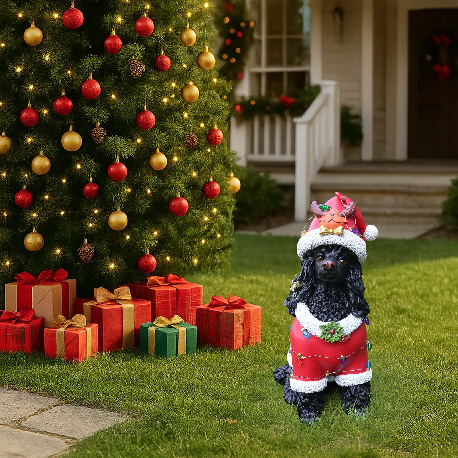 Christmas Black Poodle Statue, Holiday Dog Figurine in Red Santa Outfit image 2