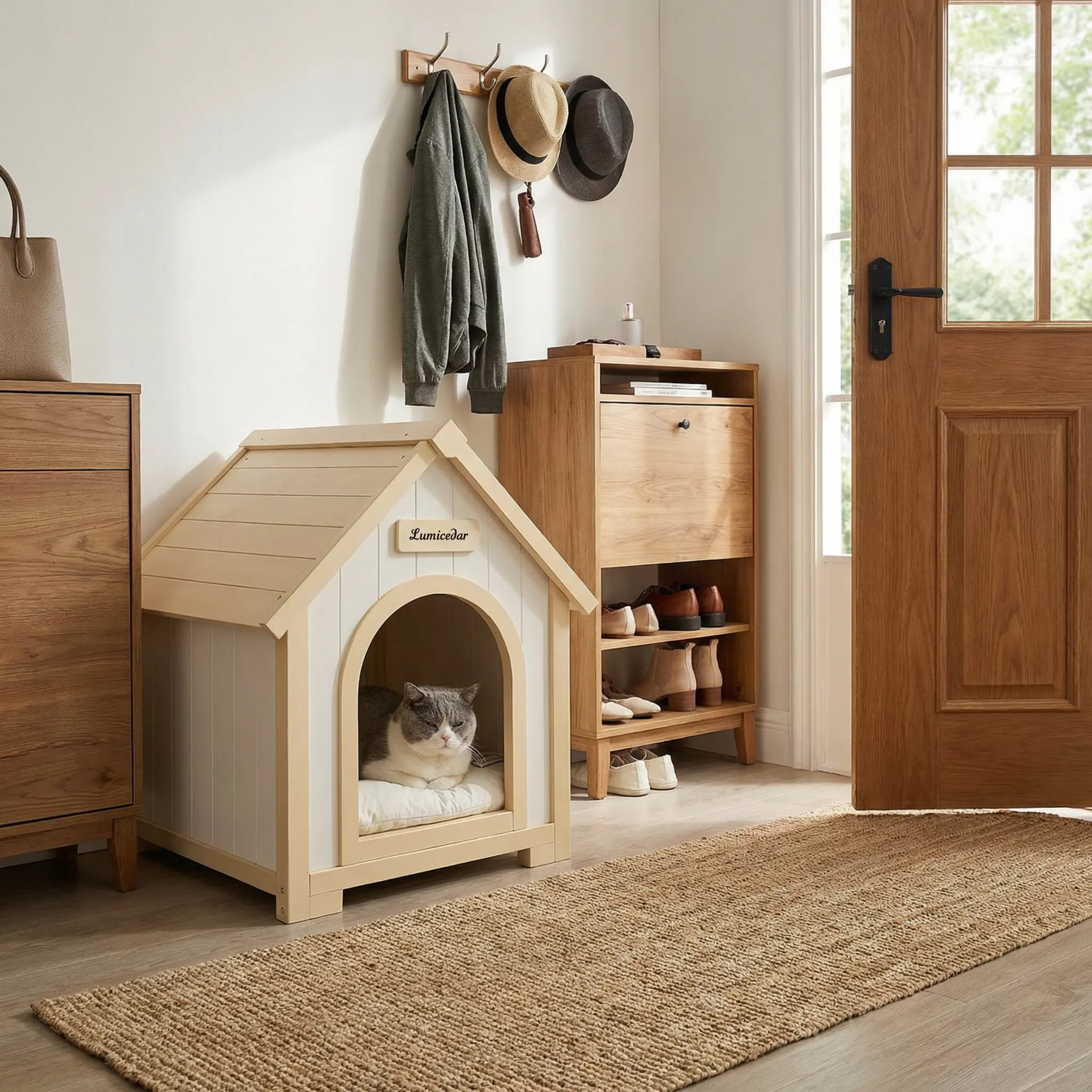 Modern Indoor Wooden Dog House with EVA Cushion – Solid Cedar Pet House for Small Dogs & Cats