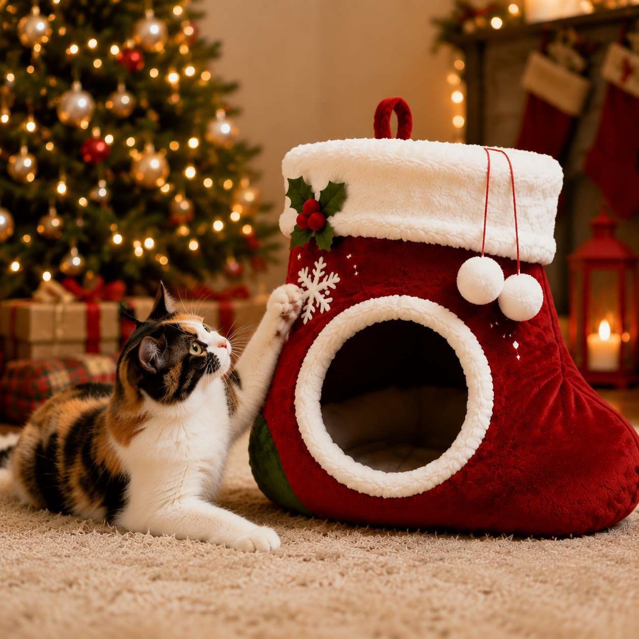 Christmas Stocking Cat Bed, Hanging Plush Cat Cave Bed With Pompoms, Non-Slip Covered Pet House For Indoor Cats And Kittens, Warm Winter Pet Bed, Holiday Xmas Decor, 19.7 X 13.8 X 9.8 Inch, Red image 4