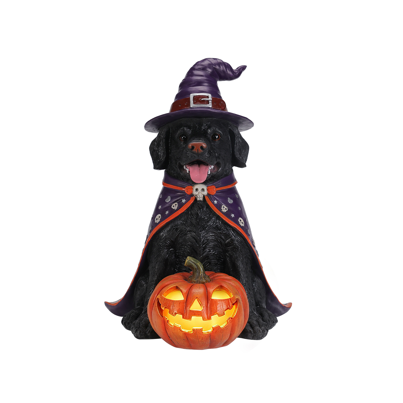 Halloween Black Labrador Retriever Dog Statue, Large Sitting Dog Figurine with Witch Hat & Cape, LED Light Up Jack-O-Lantern Pumpkin image 15