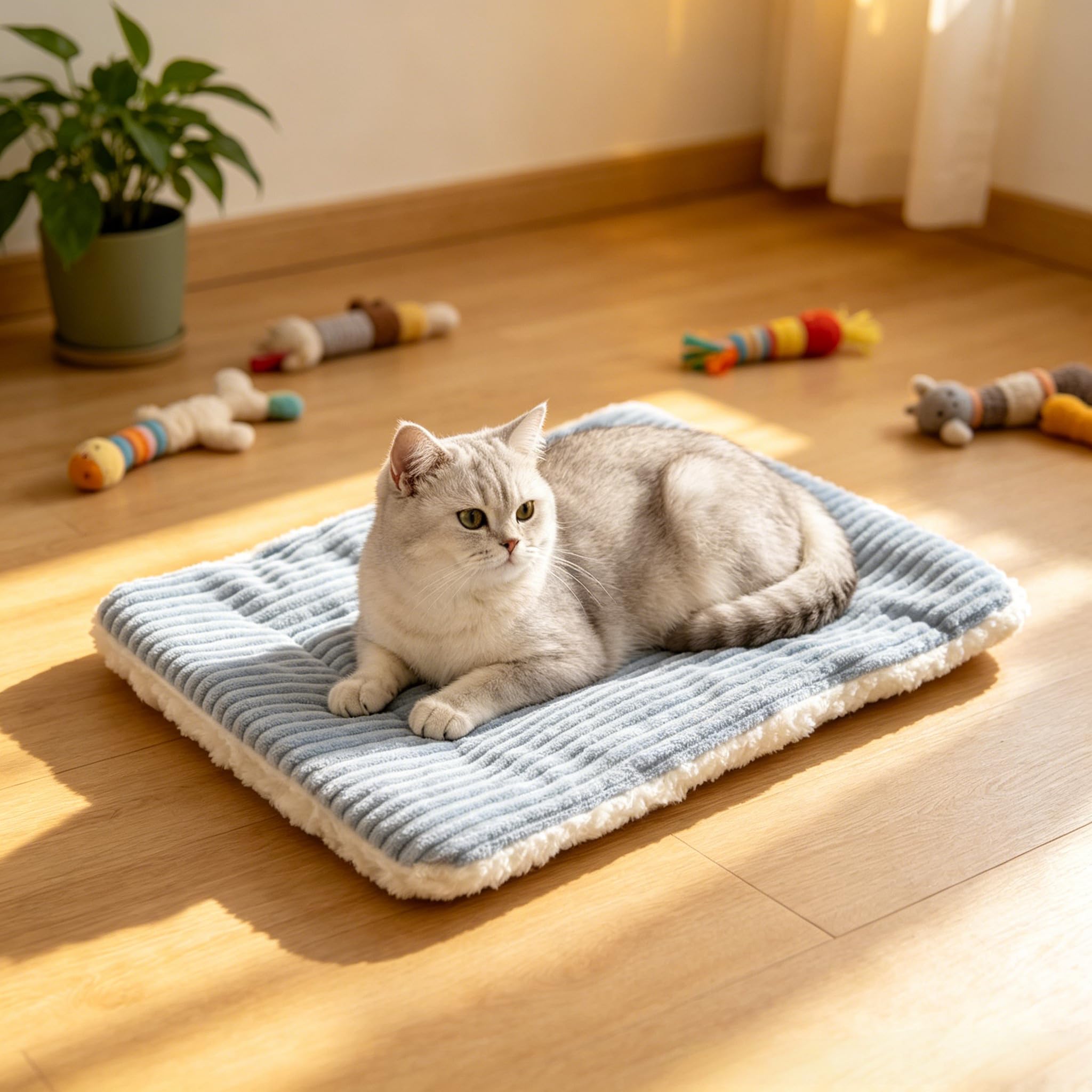 Double Sided Pet Bed Mat ,Striped Plush & Fleece Reversible Small Dog Cat Cushion Pad,Portable Washable Pet Sleeping Blanket For Puppy Kitten Indoor Cage Use image 3