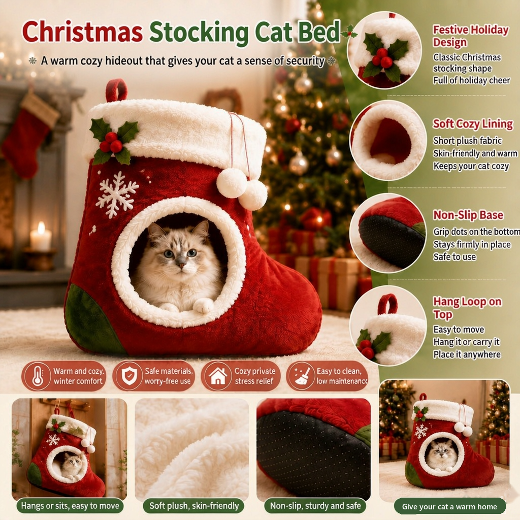 Christmas Stocking Cat Bed, Hanging Plush Cat Cave Bed With Pompoms, Non-Slip Covered Pet House For Indoor Cats And Kittens, Warm Winter Pet Bed, Holiday Xmas Decor, 19.7 X 13.8 X 9.8 Inch, Red image 5