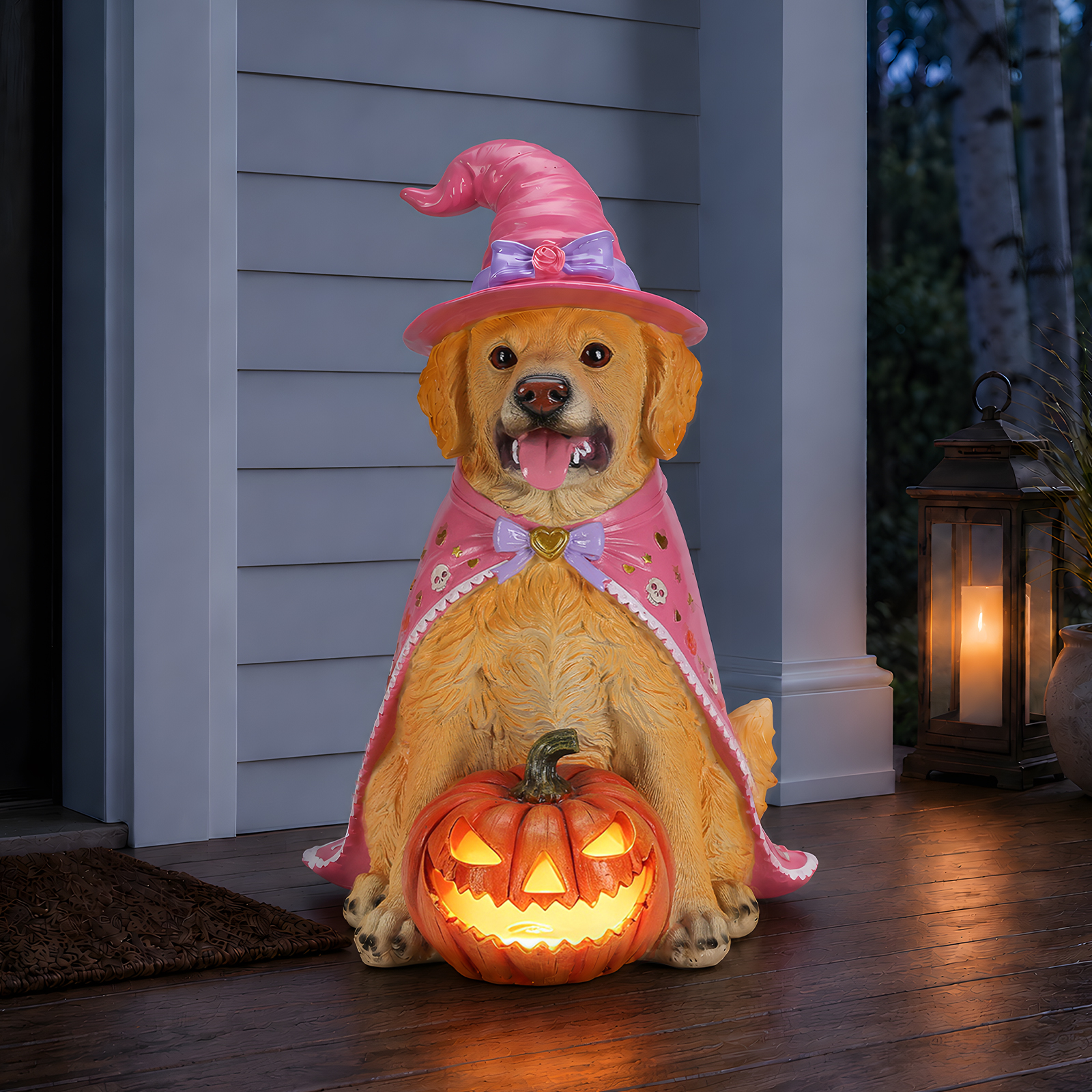 Halloween Golden Retriever Dog Statue, Large Sitting Dog Figurine with Pink Witch Hat & Cape, LED Light Up Jack-O-Lantern Pumpkin image 11