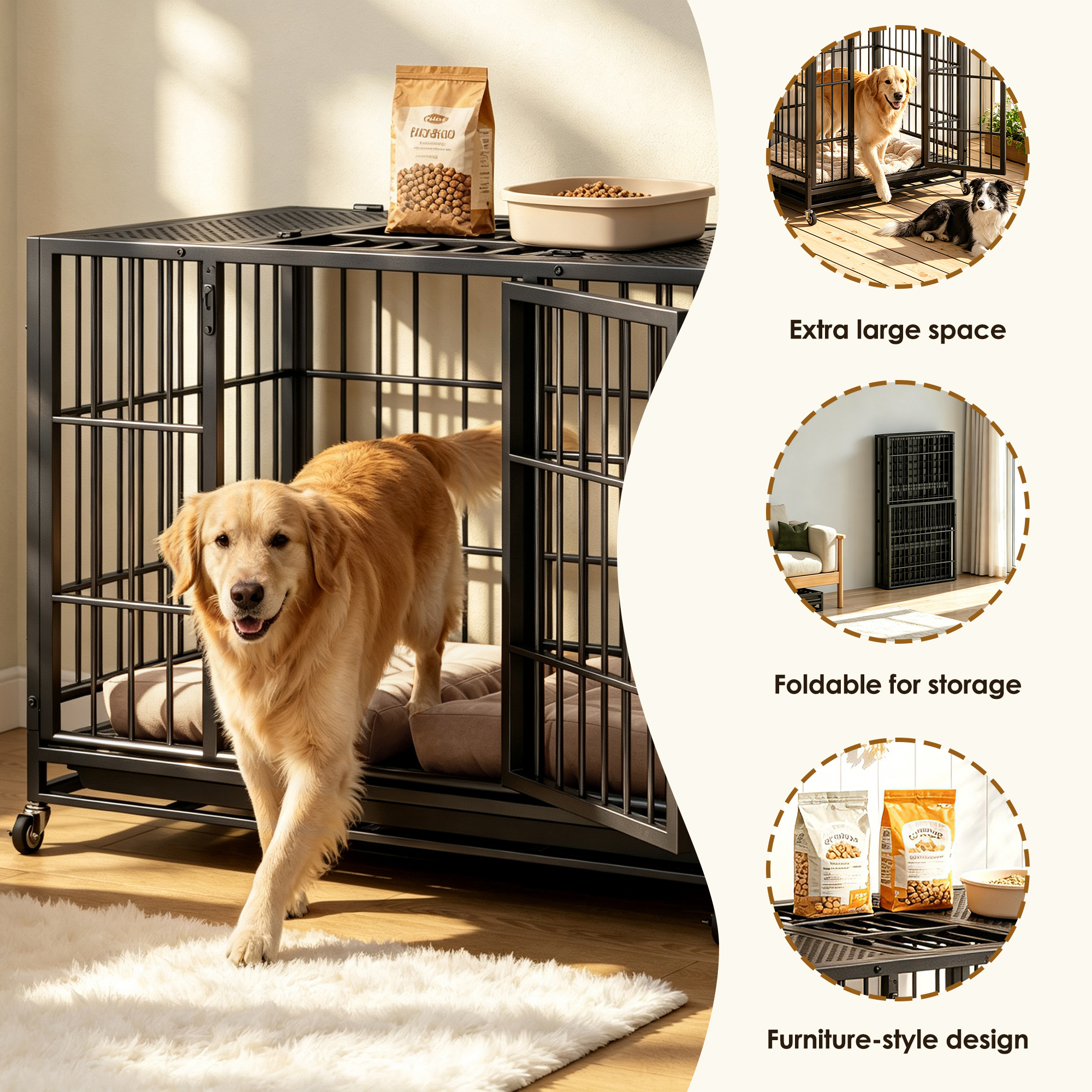 Heavy Duty Dog Crate , Mobile Pet Kennel with Lockable Wheels & Rotary Twist-Latch, Indoor Outdoor Metal Cage with Perforated Top image 16