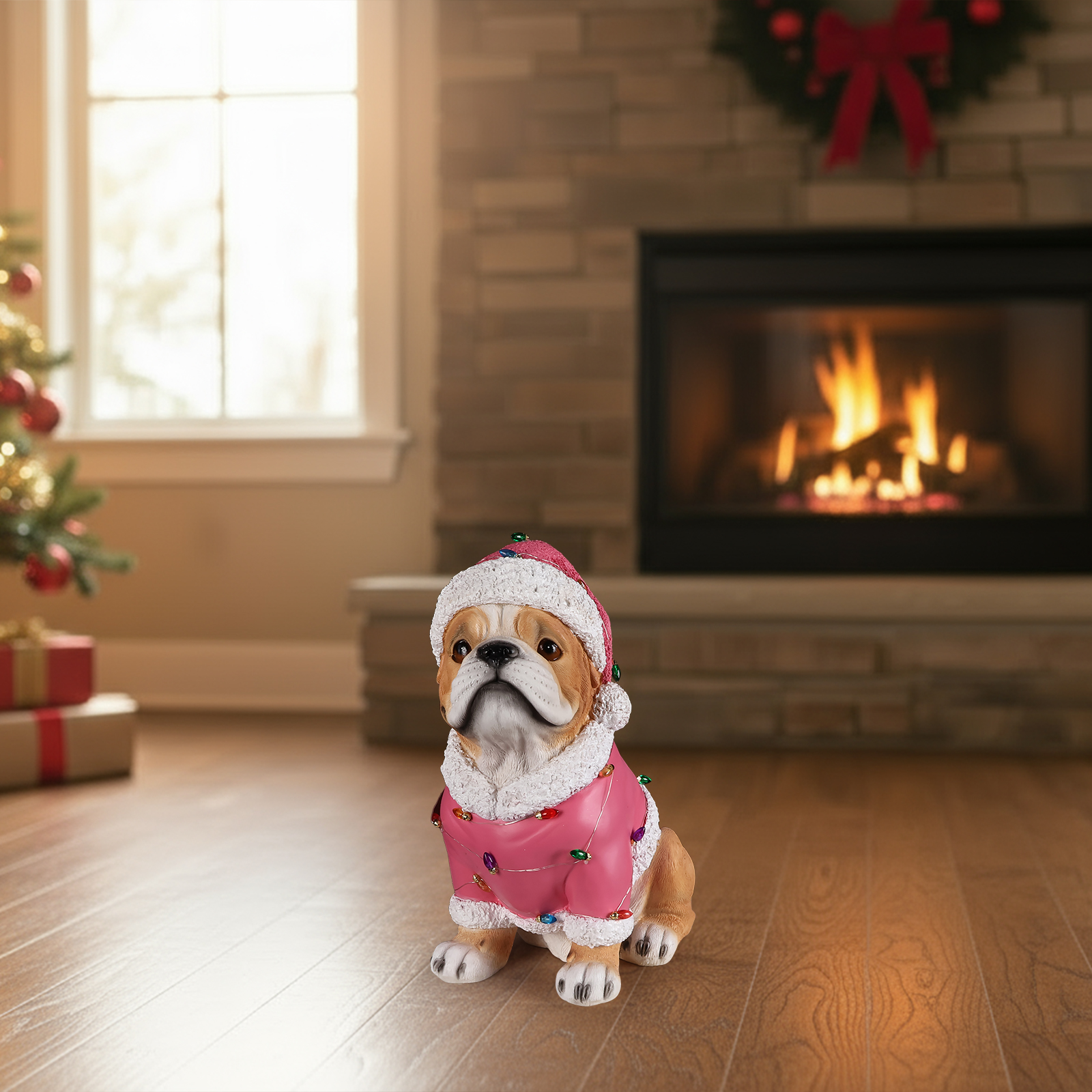 Christmas Pug Statue, Holiday Dog Figurine in Pink Santa Outfit image 3