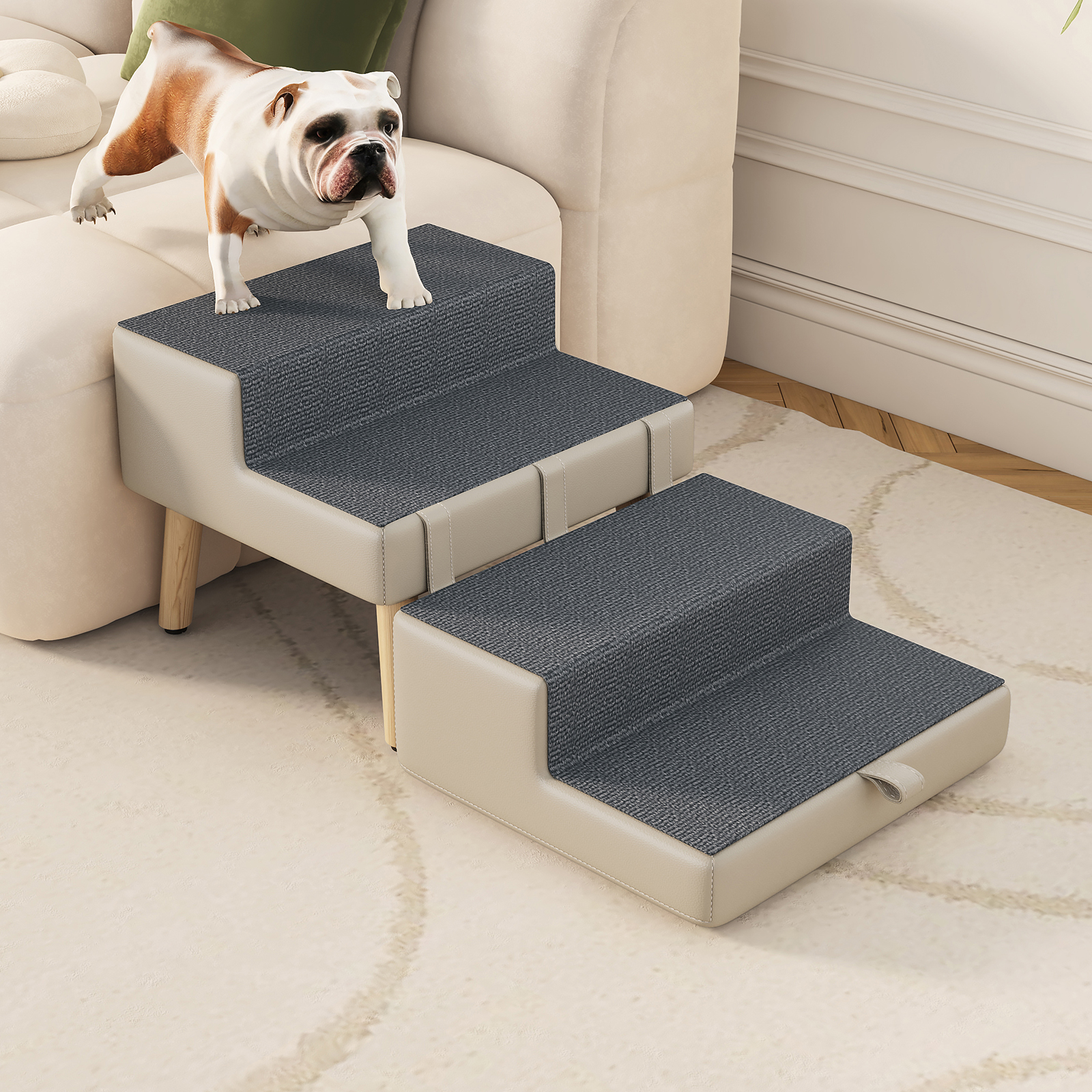 4-Step Ottoman Dog Stairs, 2-in-1 Foldable Pet Ramp for Bed,  Dog Ramp for Small Puppy and Cats, Sturdy Wood Frame Support with Non-slip walking surface, Holds Up To 220lbs ( Light Grey Color ) image 14