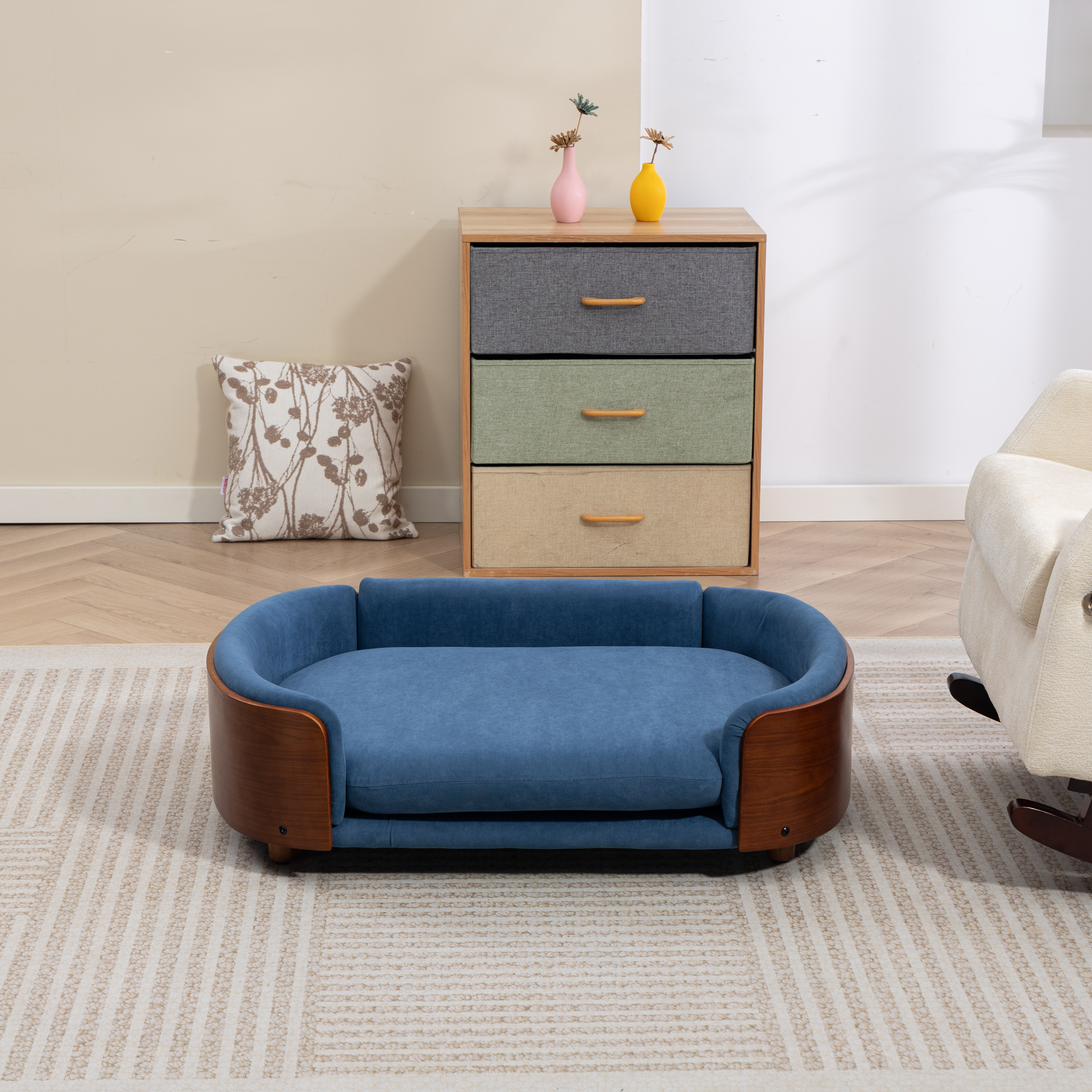 Scandinavian style Elevated Dog Bed Pet Sofa With Solid Wood legs and Walnut Bent Wood Back, Velvet Cushion,Large Size image 16