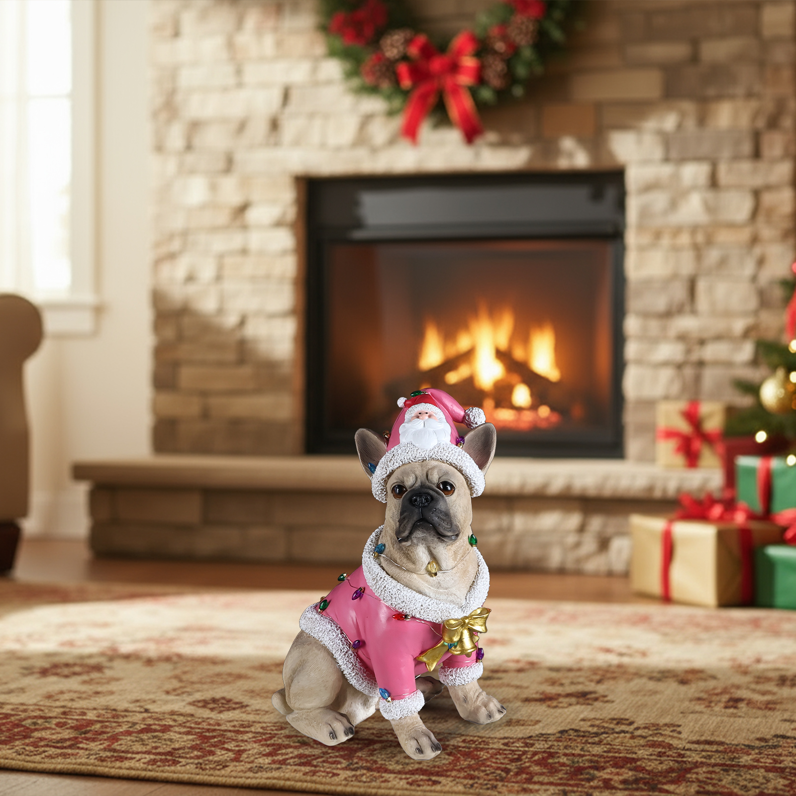 Christmas French Bulldog Statue,  Holiday Dog Figurine in Pink Santa Outfit, Festive Christmas Home Décor image 16