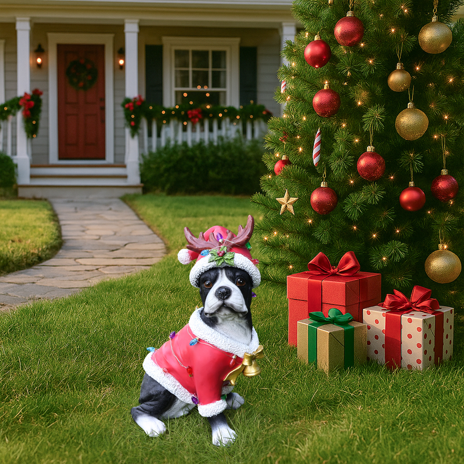 Christmas Boston Terrier Statue, Holiday Dog Figurine in Santa Outfit image 5