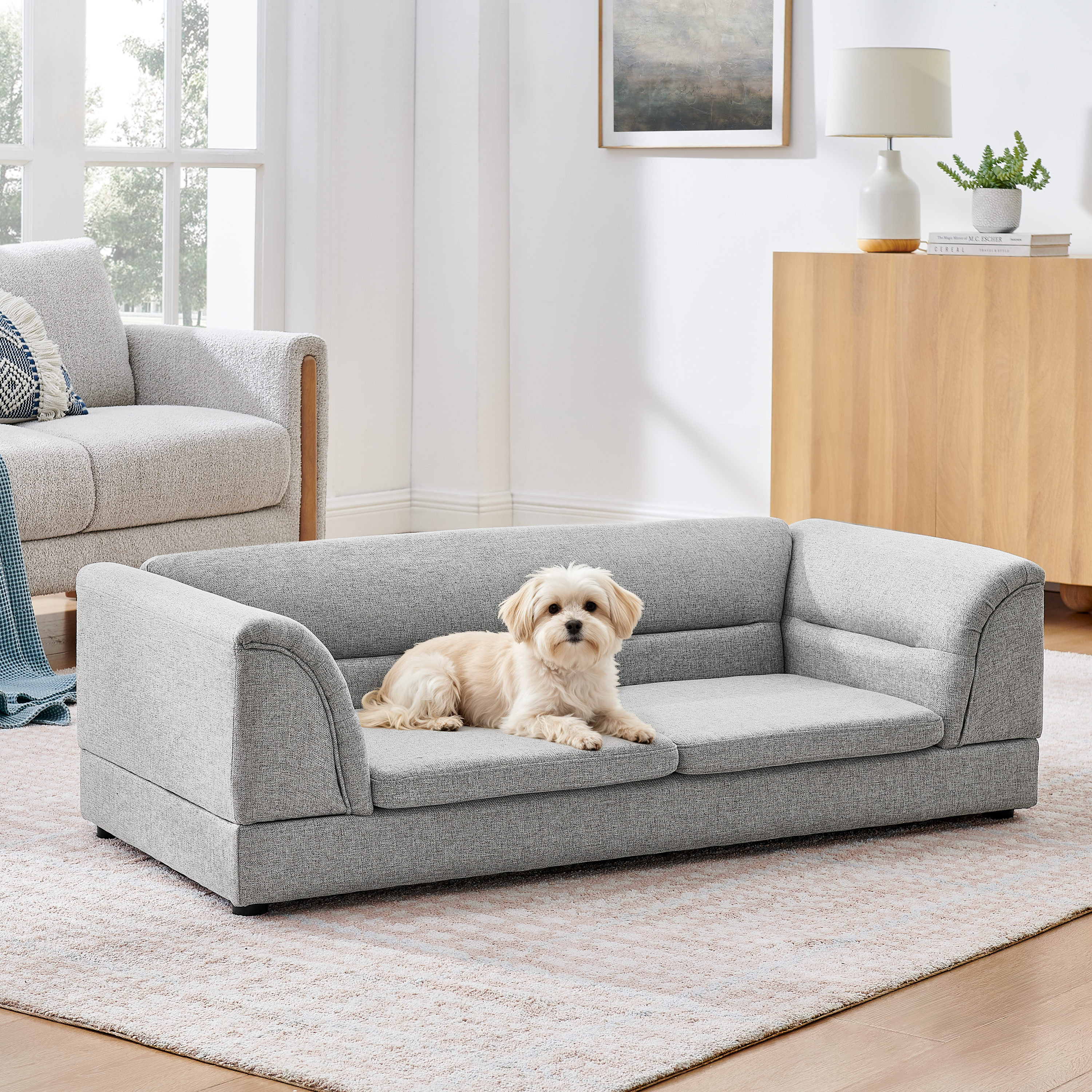 Oversized Pet Sofa, Curved Armrest Rectangular Dog Sofa, Linen Fabric Comfort Pet Couch for Large & Oversized Dogs-LIGHT GREYX image 3