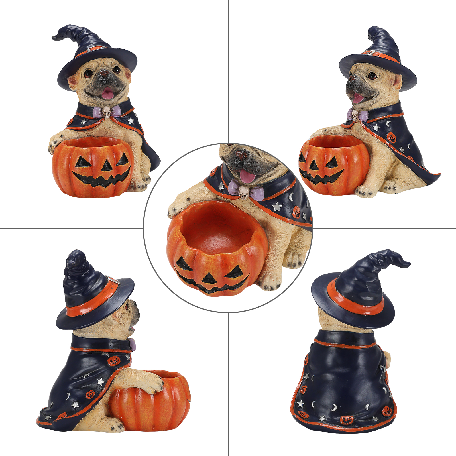 Halloween Frenchie Witch Puppy Figurine, Cute Dog Holding Pumpkin Candy Bowl Decoration image 14