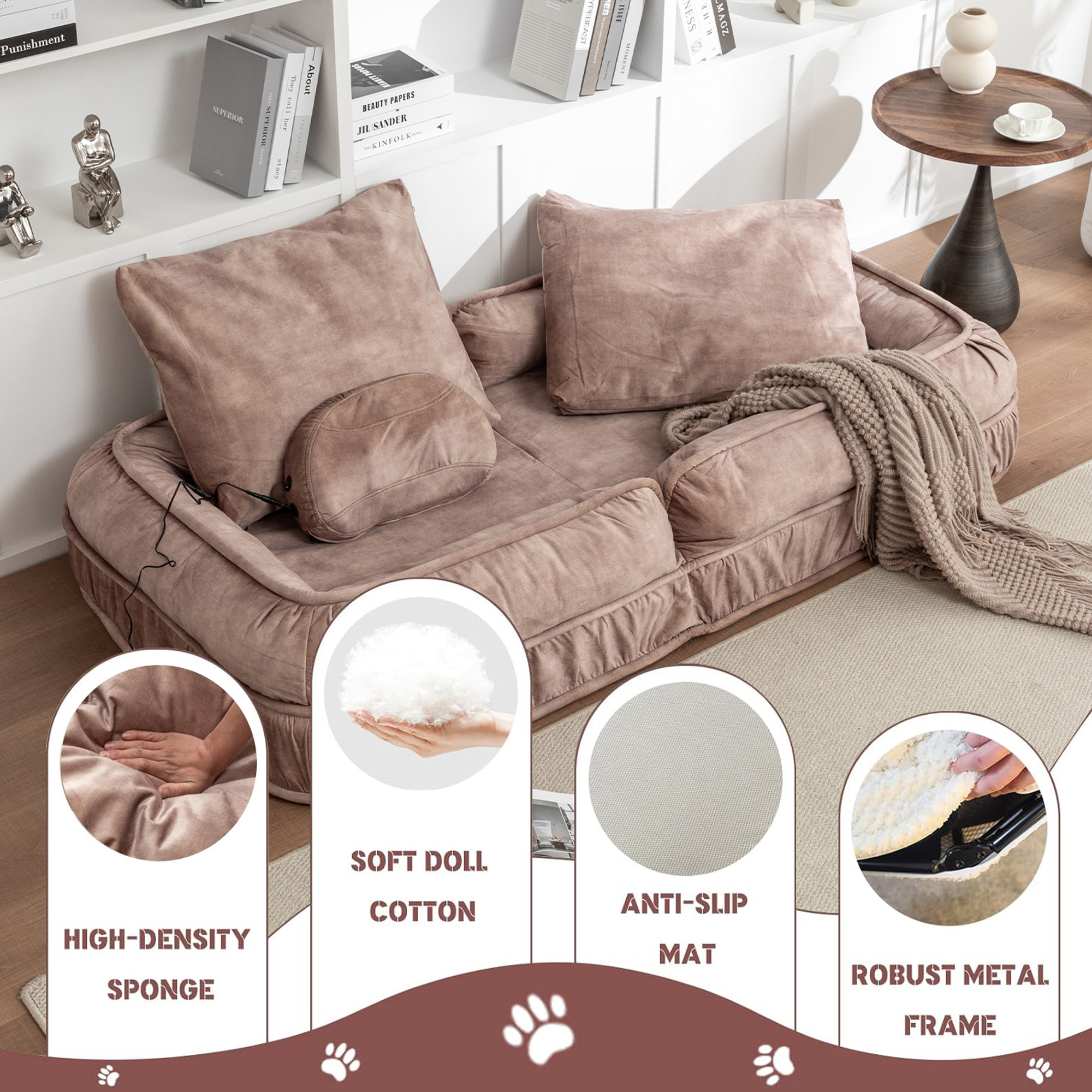 Upholstered Human Dog Bed for Adult & Pets,with 5 Adjustable Position &Massage Pillow, Bean Bag floor sofa with 2 Soft Pillows image 3