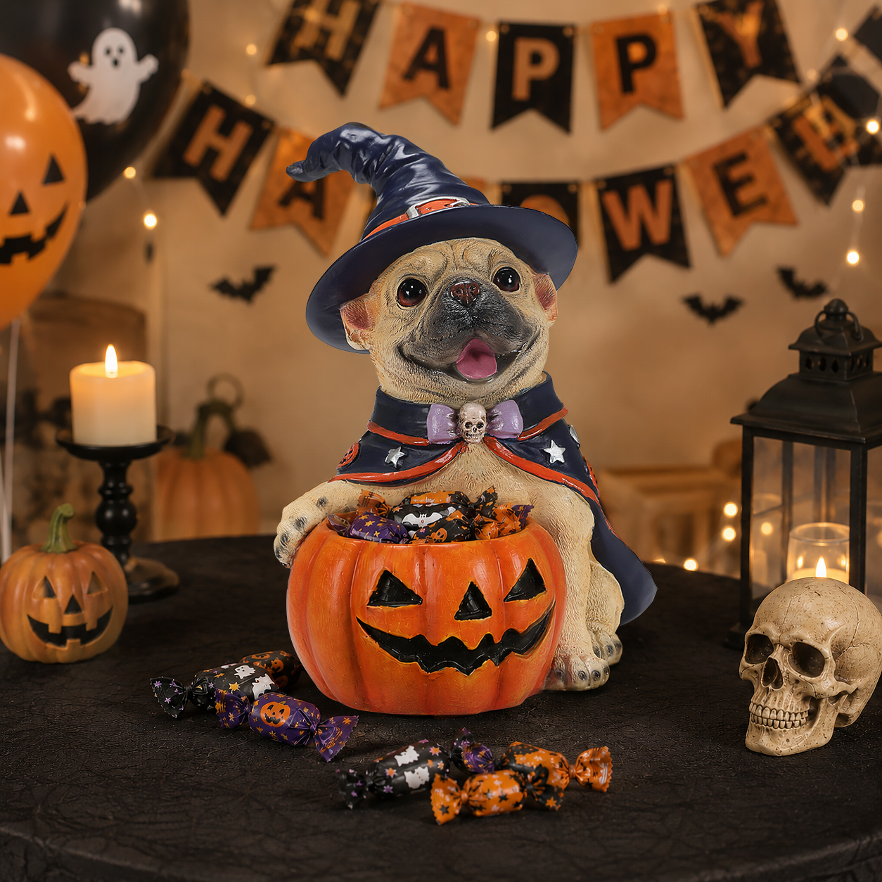 Halloween Frenchie Witch Puppy Figurine, Cute Dog Holding Pumpkin Candy Bowl Decoration image 11