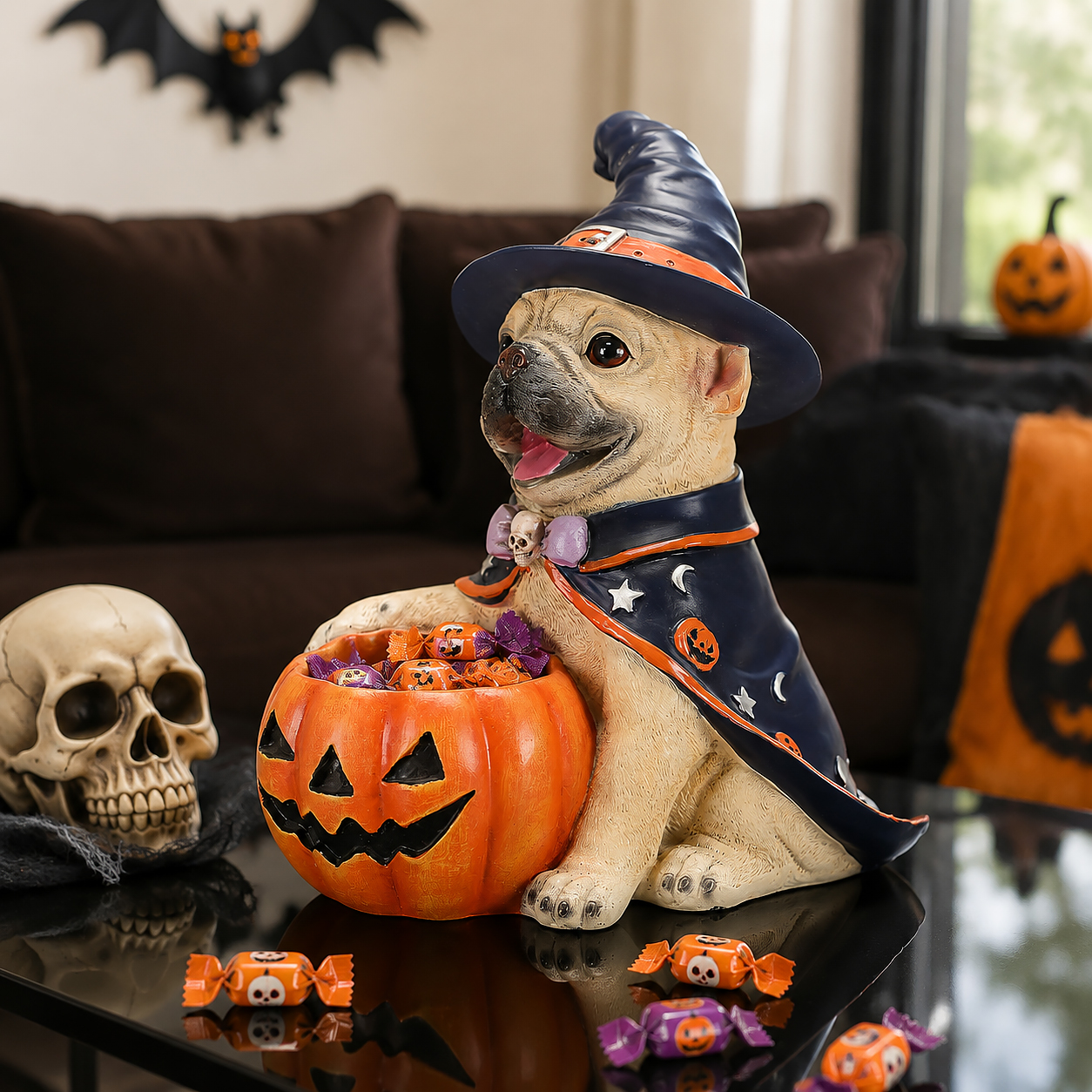 Halloween Frenchie Witch Puppy Figurine, Cute Dog Holding Pumpkin Candy Bowl Decoration image 16