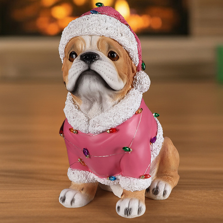 Christmas Pug Statue, Holiday Dog Figurine in Pink Santa Outfit image 16