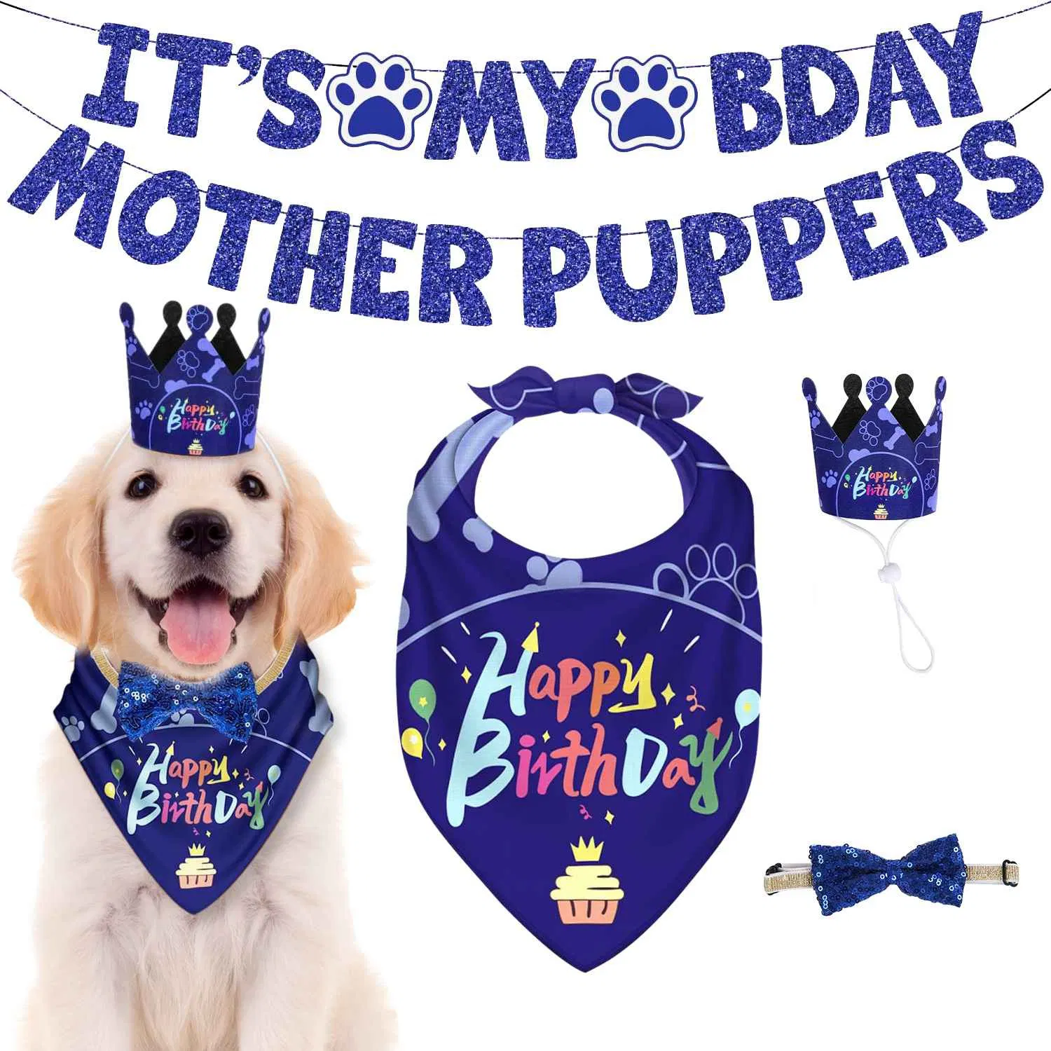 Dog Birthday Party Supplies, Boy Dog Birthday Bandana Set with Cute Dog Bowtie, Scarf, Birthday Banner  Balloons and Hat with Numbers for Medium and Extra Large Dogs Pets(Blue) image 7